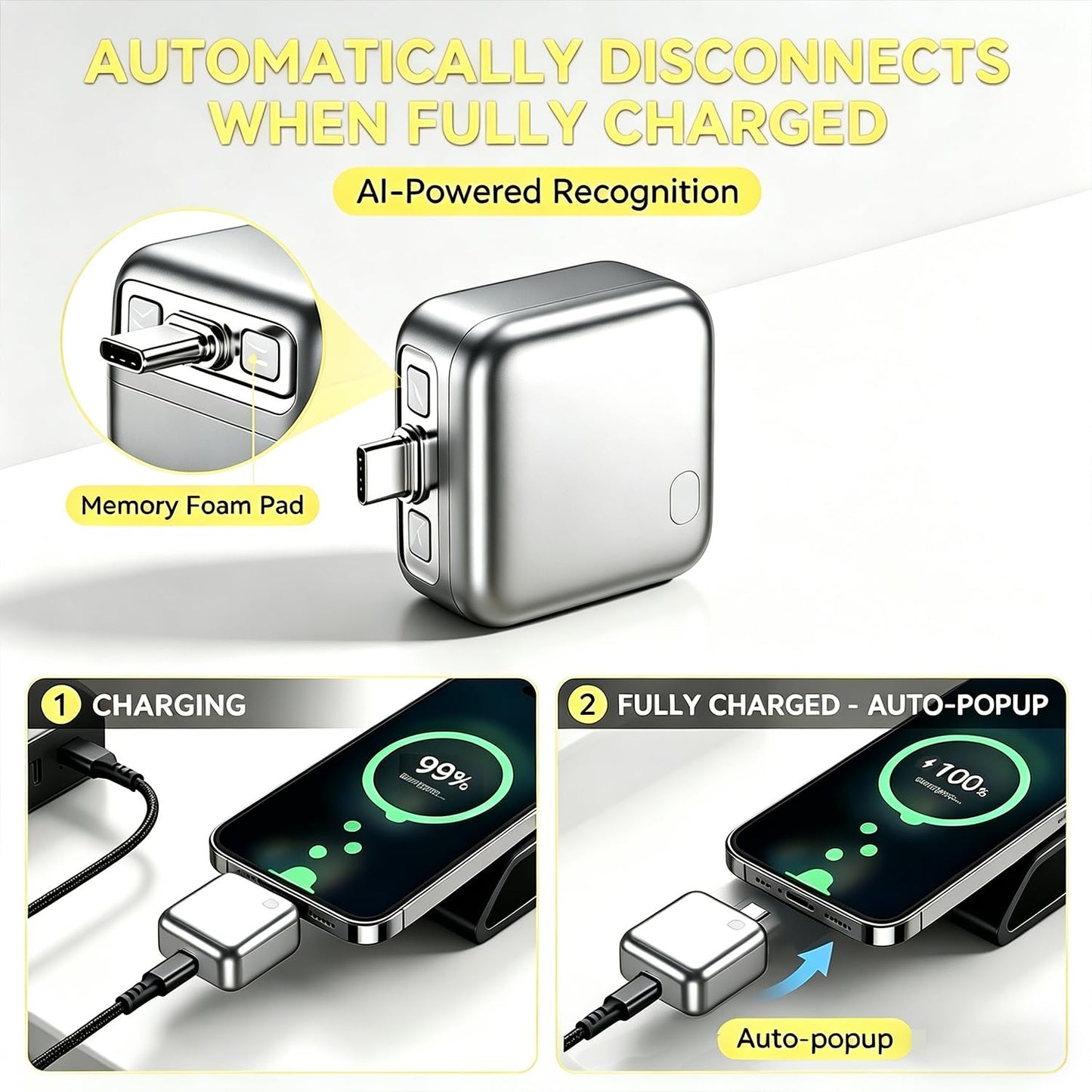 Smart Auto Stop Charging Adapter with USB-C Cable, Auto Cut Off Fast Charger Cable Intelligent Charging Full Disconnect Protector Charged Battery