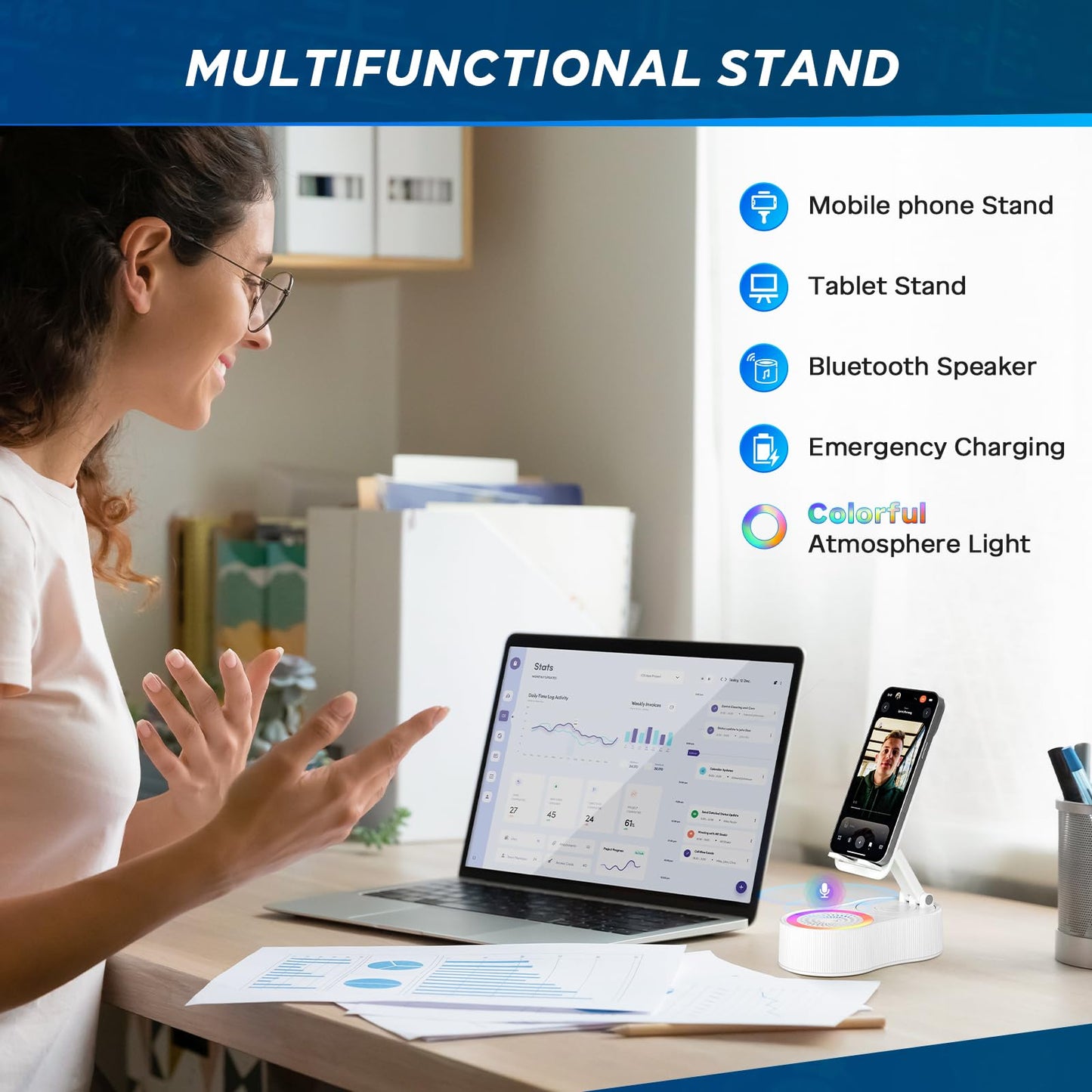 Cell Phone Stand with Bluetooth Speaker - Wireless Bluetooth Speaker with 360° Rotatable Phone Holder, Multifunctional Adjustable Stand with Charging