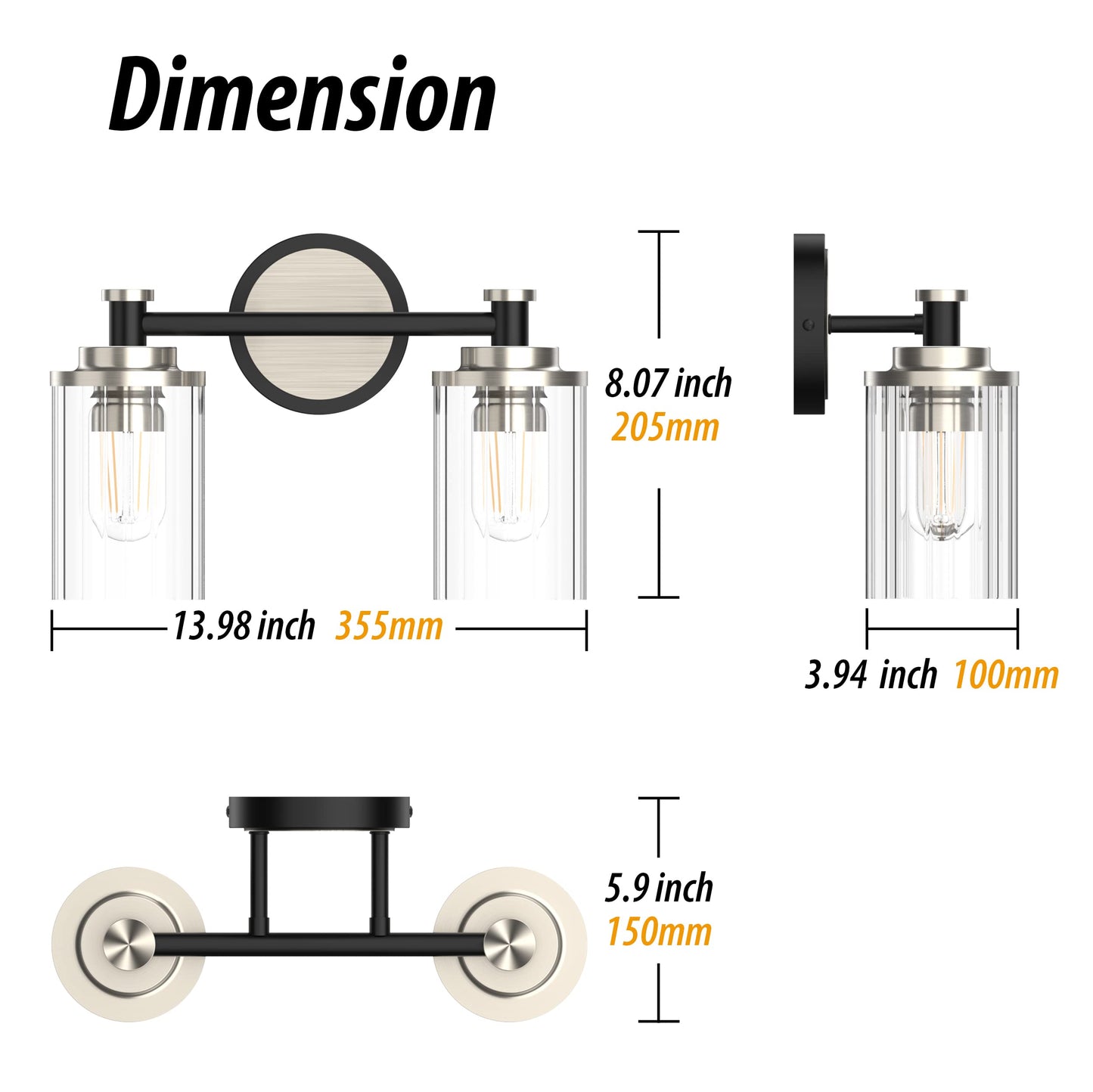 PHIXART Bathroom Lighting Fixtures Black and Brushed Nickel Bathroom Vanity Light with Cylindrical Clear Stripes Glass Lampshade E26 Socket Base