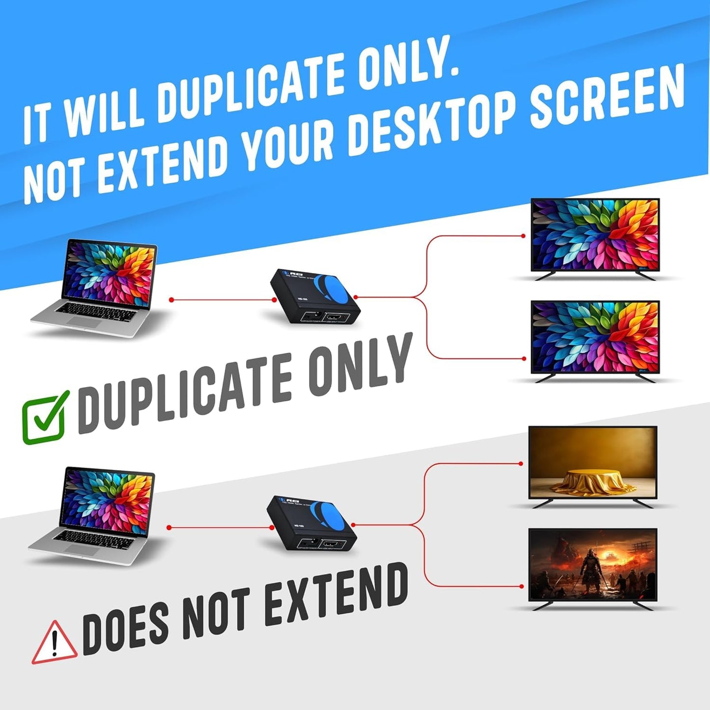 OREI HDMI Splitter 1 in 2 Out - For TV Mirror Only - Not for Multi Monitors, No HDCP bypass, USB Powered, No Adapter Included,1080P@60Hz & 4K@30Hz