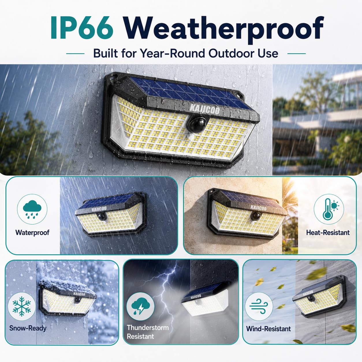 KAJICOO 416 LED Outdoor Solar Lights Waterproof with 300° Angle Motion Sensor and 3 Lighting Modes Motion Sensor Outdoor Lights, IP66 Solar Wall