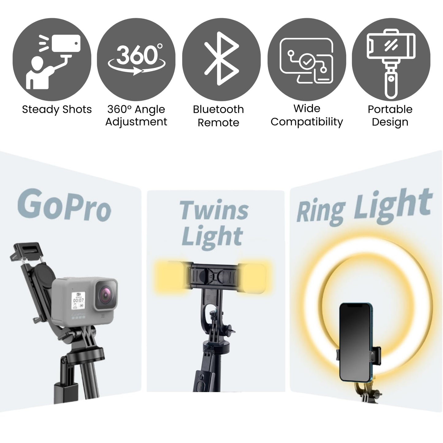 61" Selfie Stick Tripod with Wireless Remote - 360° Rotating Phone Tripod Stand, Foldable & Portable Design - Compatible with Smartphones, GoPro