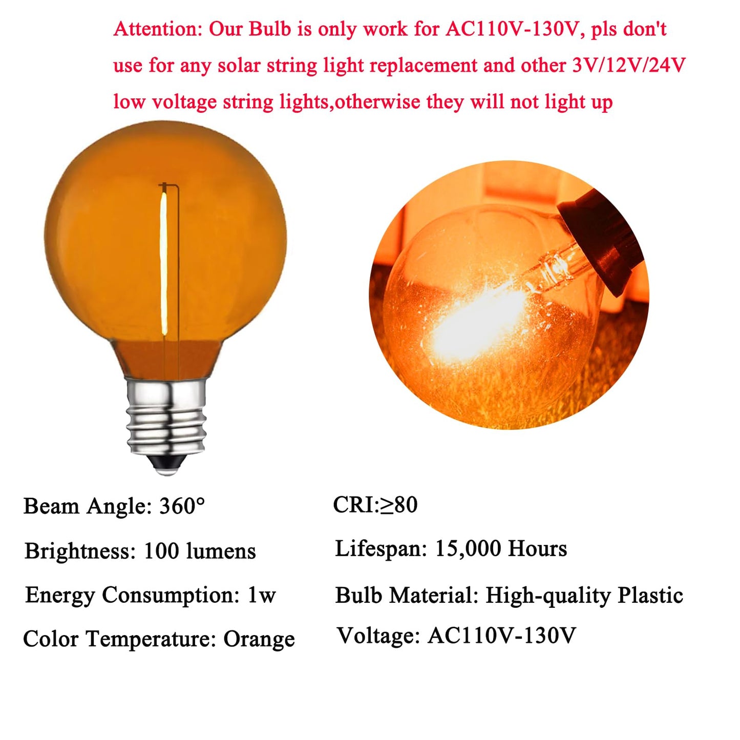 LRSUEYSKIN G40 Orange LED Replacement Bulb 1W Decorative Light Bulbs Shatterproof Waterproof LED Outdoor String Lights Night Light E12/C7 Candelabra