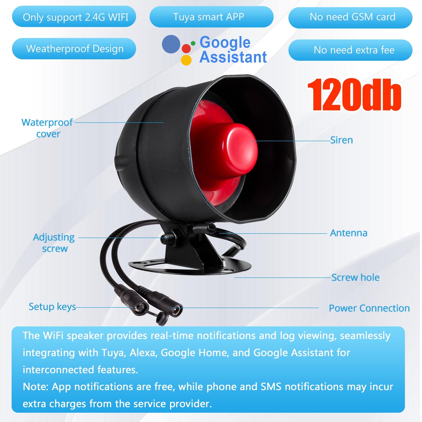 WiFi Alarm Security System, 120dB Home Alarm System with Free Notification APP Control and Motion Sensor and, WiFi Siren for Shed Garage Alarm