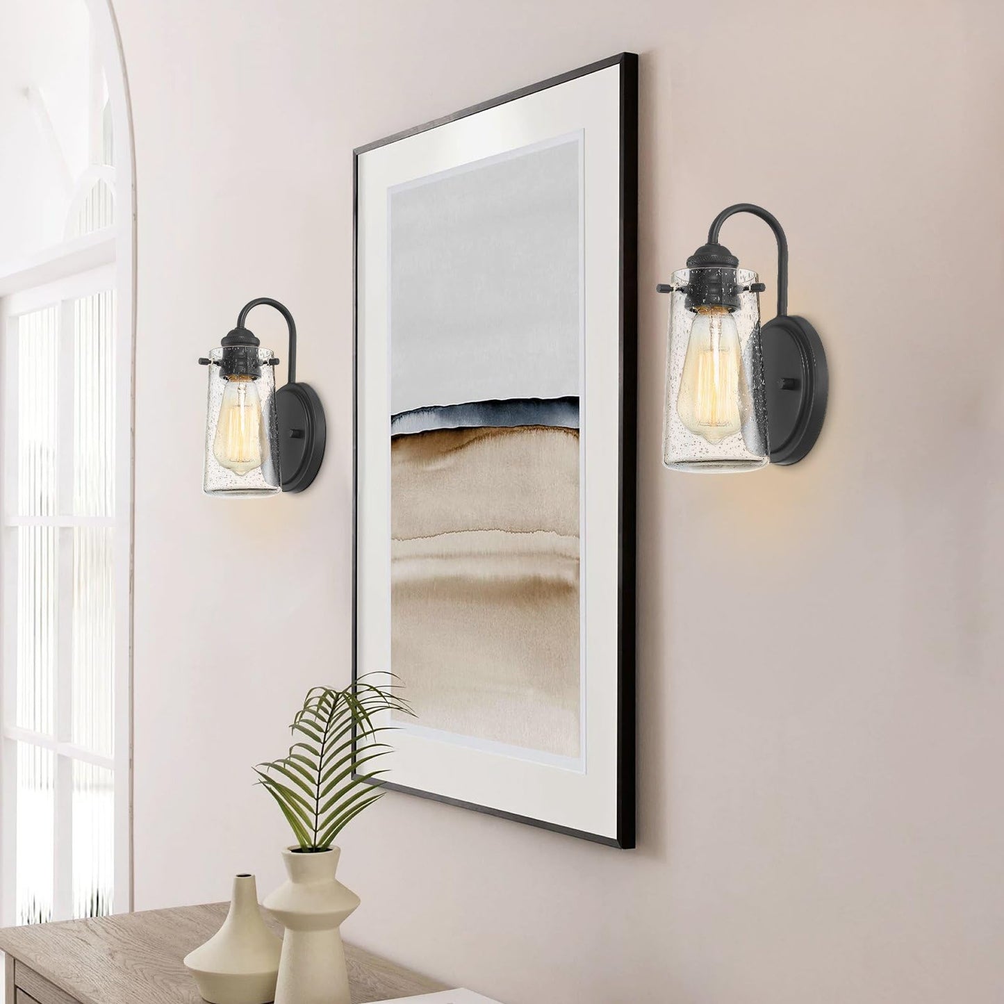 Kira Home Rayne 9.5" Modern Farmhouse Wall Sconce, Black Gooseneck Wall Light with Tapered Seeded Glass Shade, Matte Black Finish