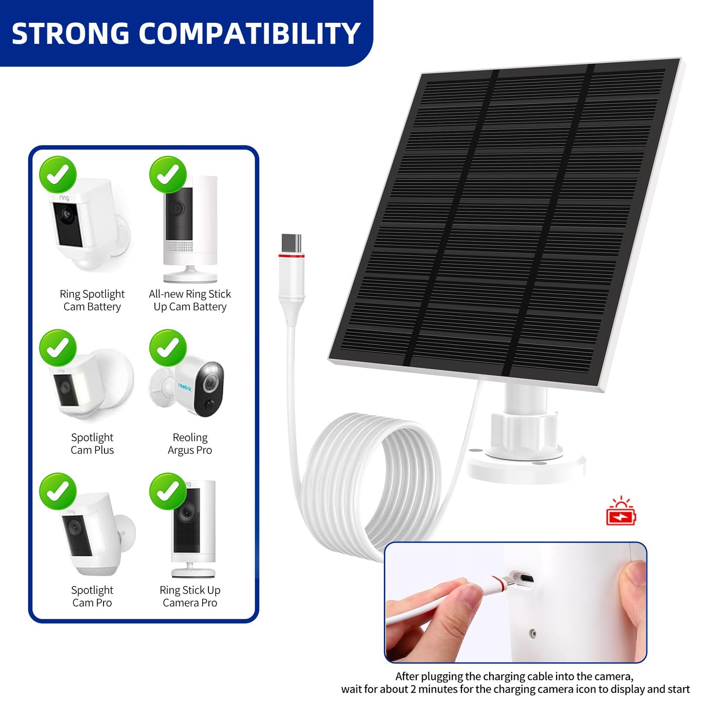 Solar Panels for Ring Camera Outdoor (New Generation) 5W 5V Solar Panel Charger with USB-C&Plug for Spotlight Cam Plus&Stick Up Cam Pro.Waterproof