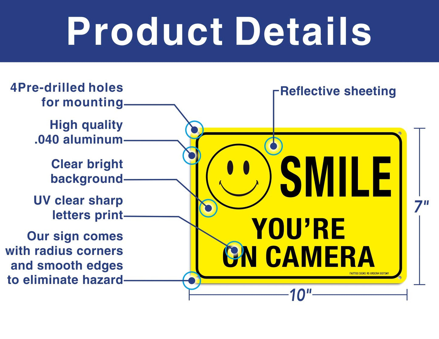 (2 Pack) Faittoo Smile You're On Camera Sign, Reflective 10x7 Rust Free .40 Aluminum, UV Protected, Weather Resistant, Durable Ink, Indoor & Outdoor