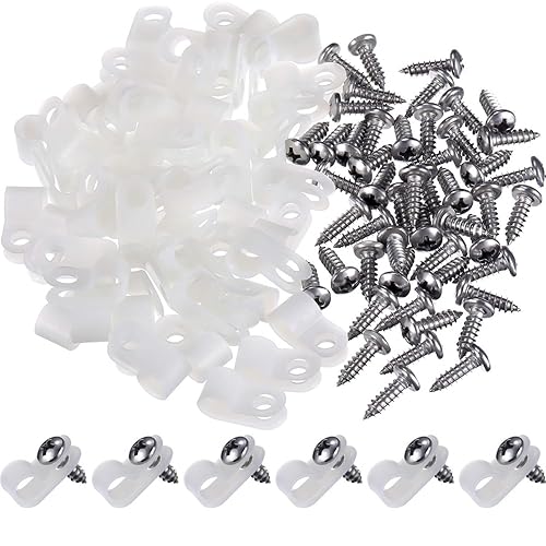 Hicarer 100 Pcs R-Type Cable Clips, 1/4" Wire Cable Clamp, Christmas Light Clips, with Screws for Wire Management, White