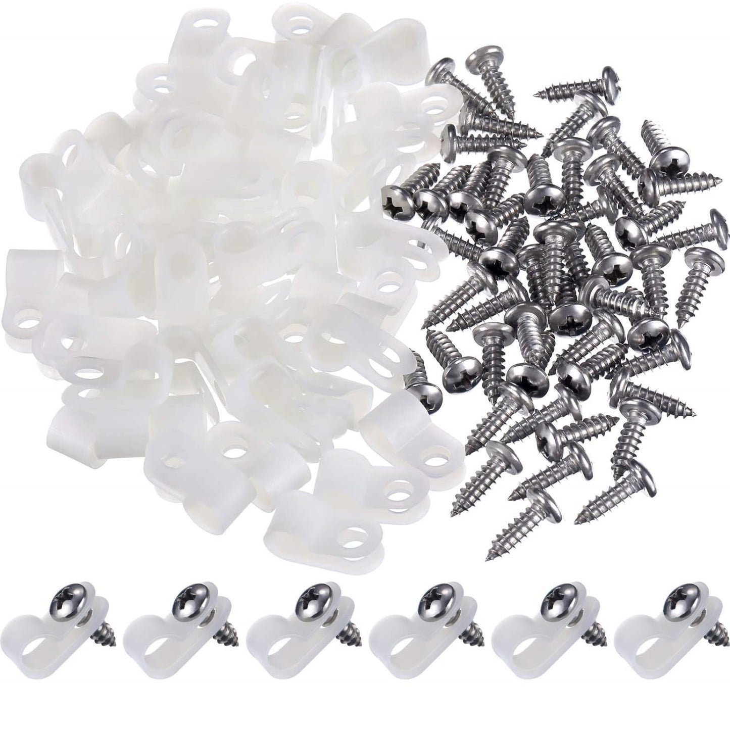 Hicarer 100 Pcs R-Type Cable Clips, 1/4" Wire Cable Clamp, Christmas Light Clips, with Screws for Wire Management, White