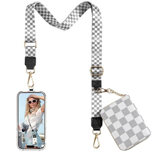 TiMOVO Clip and Go Phone Strap Crossbody with Wallet, Adjustable Anti-Theft Phone Lanyard with Zippered Pouch, White & Gray