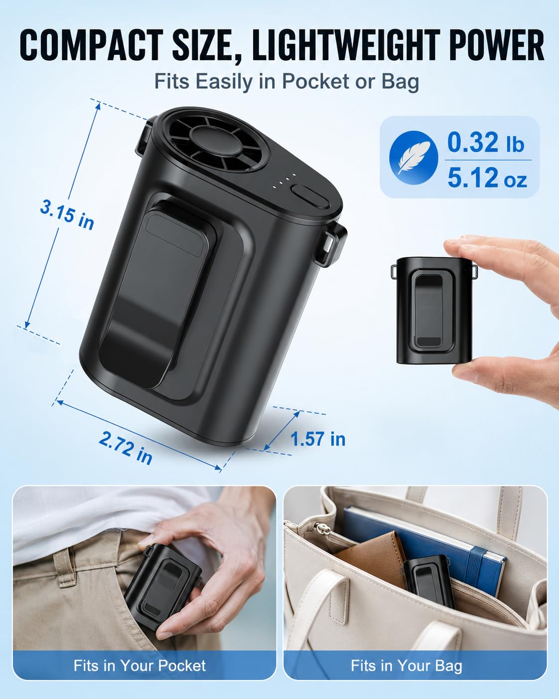 Luienao Portable Waist Fan, Ultra Lightweight Wearable Clip On Fan for Shirt, Mini Personal Neck Fan for Travel, Hands Free Belt Fan with Strong