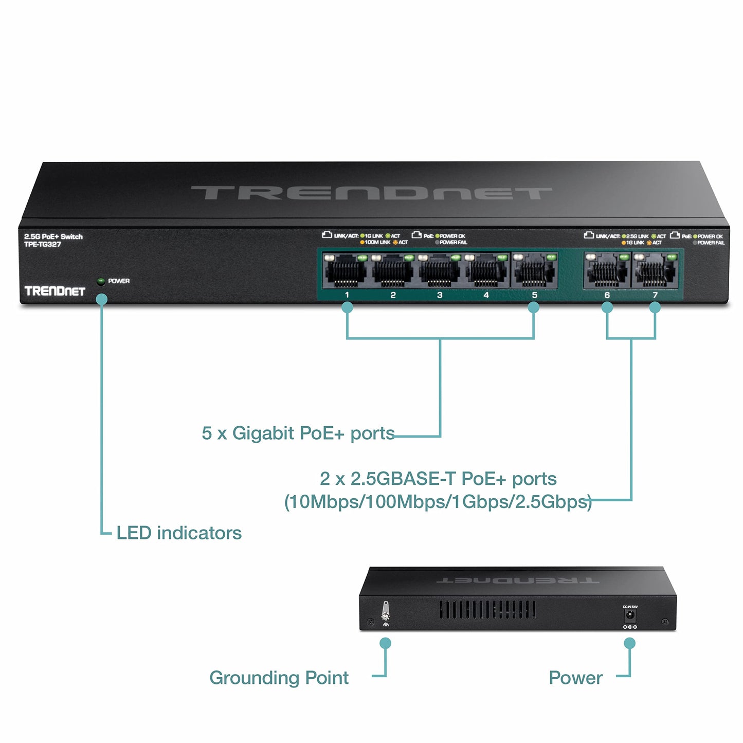 TRENDnet 7-Port Multi-Gig PoE+ Switch, TPE-TG327, NDAA & TAA Compliant, 70W Power Budget, 20Gbps Switching Capacity, Ethernet Splitter, IEEE