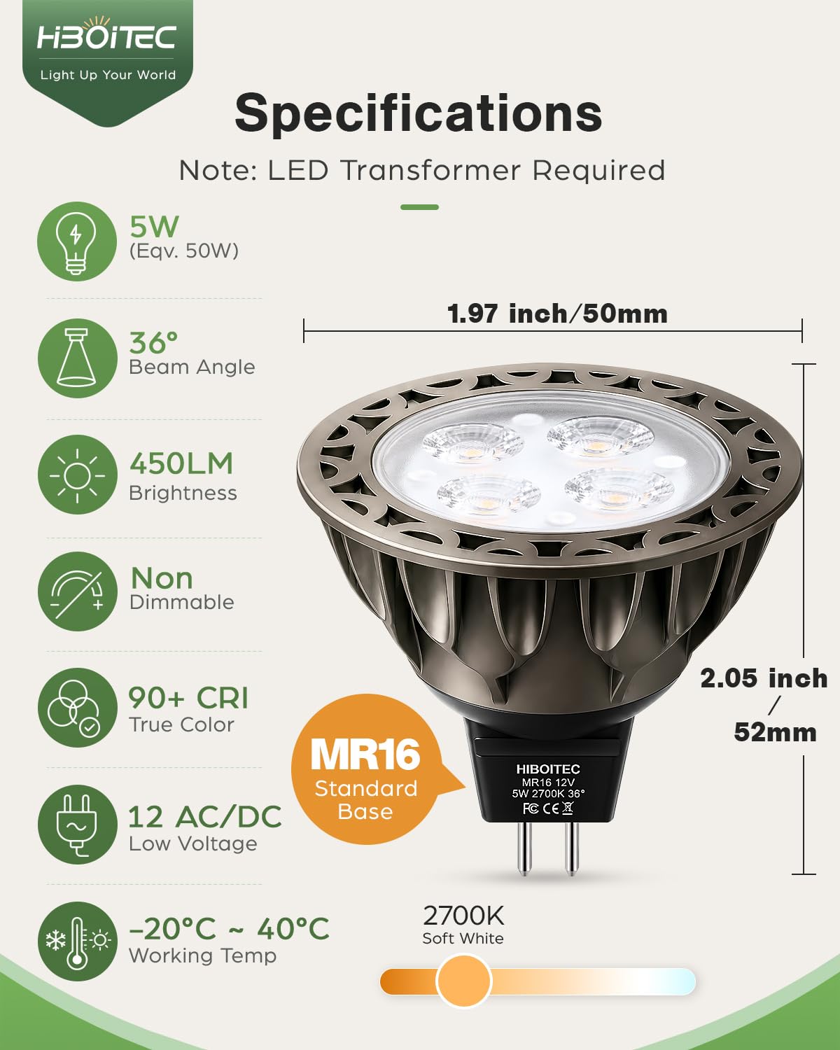 HIBOITEC MR16 LED Bulb 2700K Warm White, GU5.3 Bulbs Non-Dimmable, 6 Pack