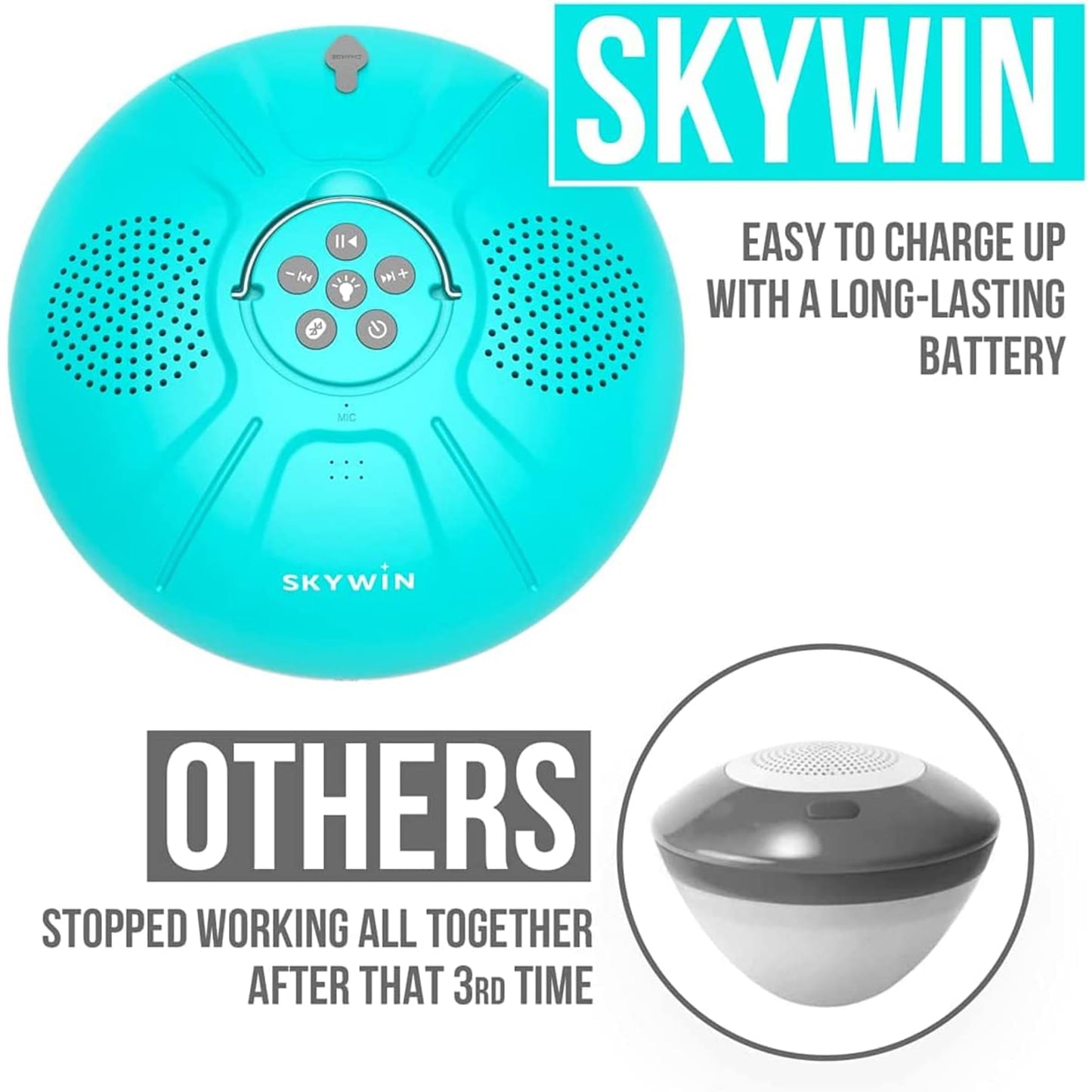 Skywin Floating Pool Speaker with Lights, Wireless Waterproof Bluetooth Speaker for Pool - Dual 5W Sound, Touch Controls, Rechargeable Shower Speaker