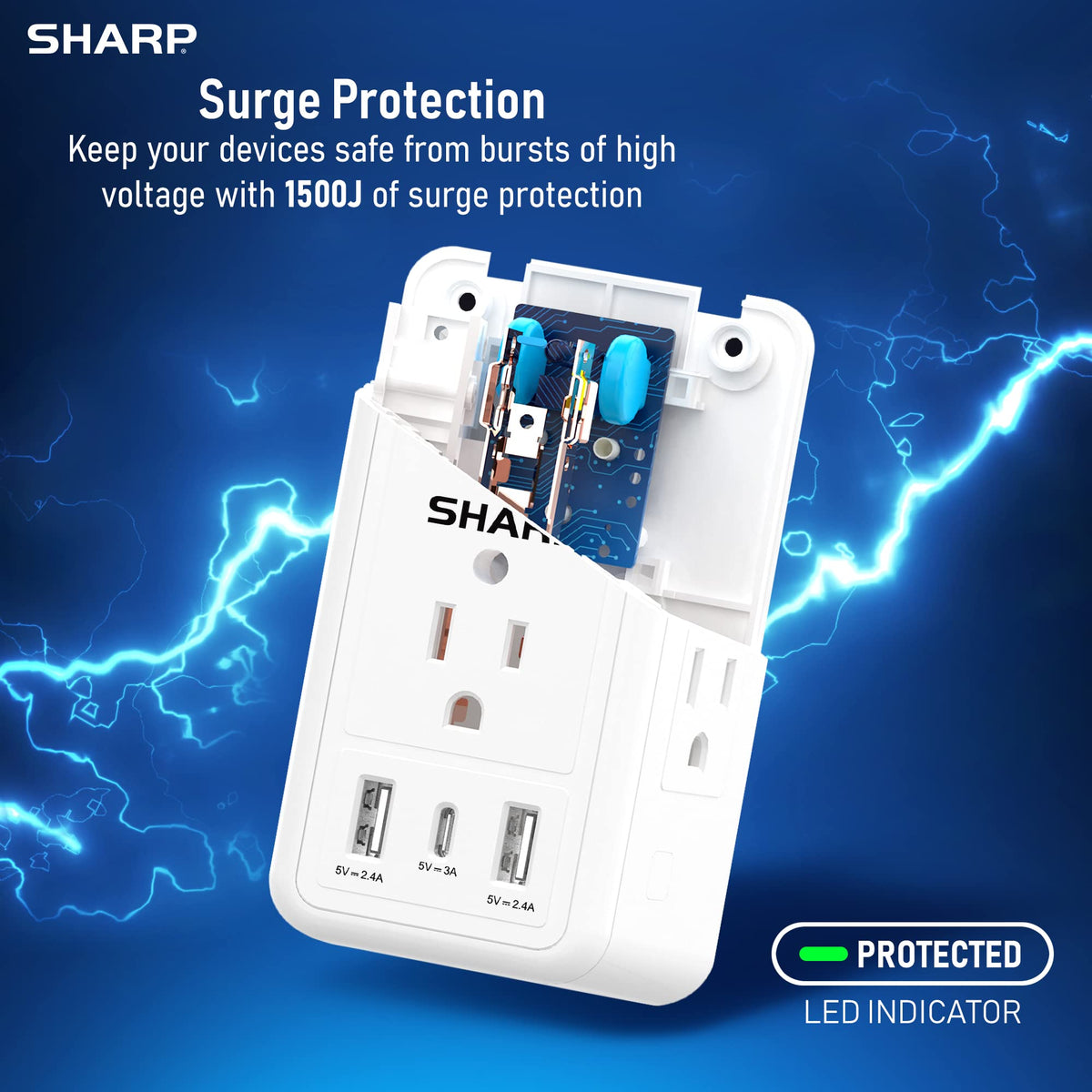 Sharp Wall Charger, Surge Protector, Outlet Extender With 6 Wide Spaced Outlets, Fast Charge, 2 USB-A and 1 Type-C, Smart AutoSense Nightlight, White