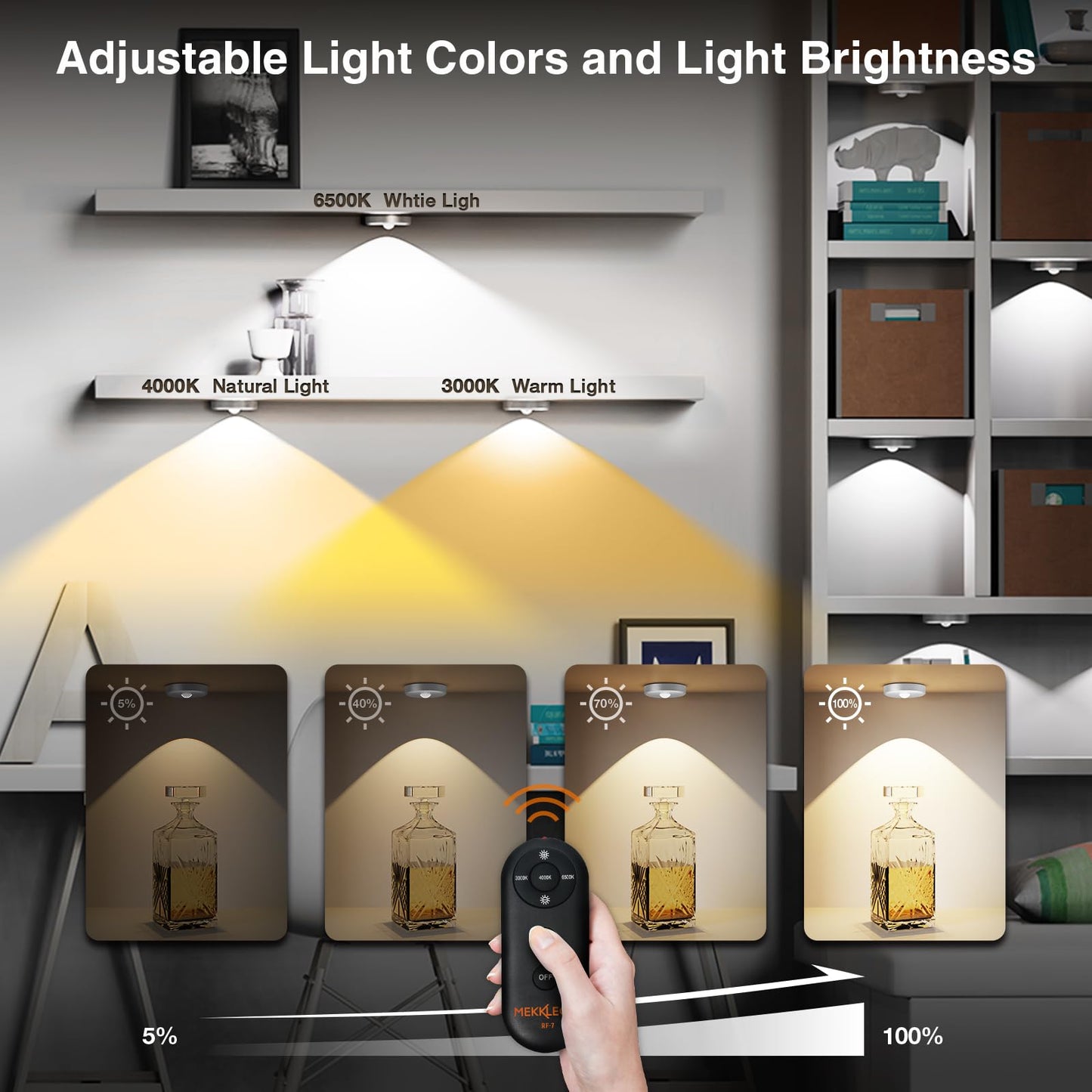 MEKKLEON Puck Lights with Remote Control, Rechargeable, Wireless Under Cabinet Lights, 5Pcs (Silver)