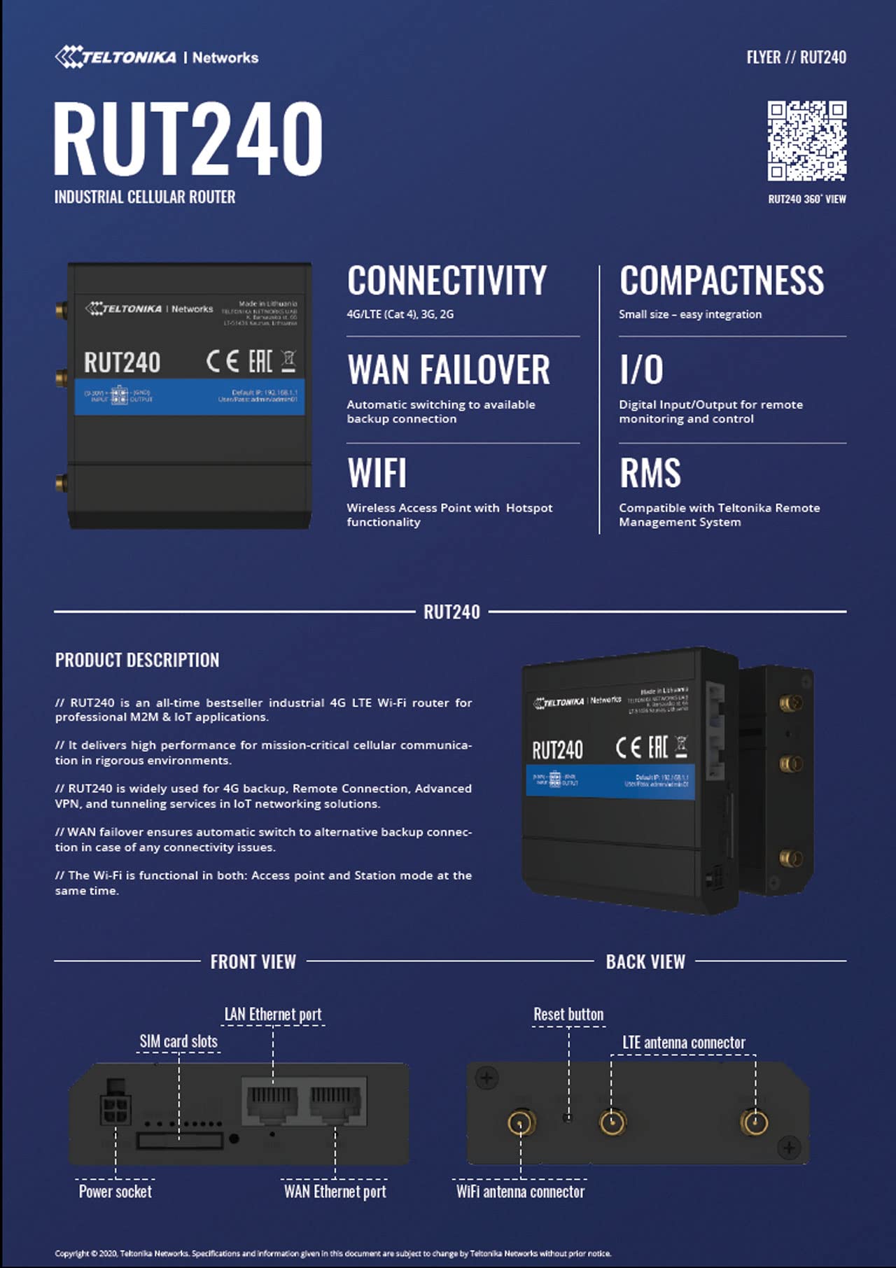Teltonika RUT240 4G /LTE & WiFi Cellular Router with Ethernet and I/O - Verizon - RUT24002U000