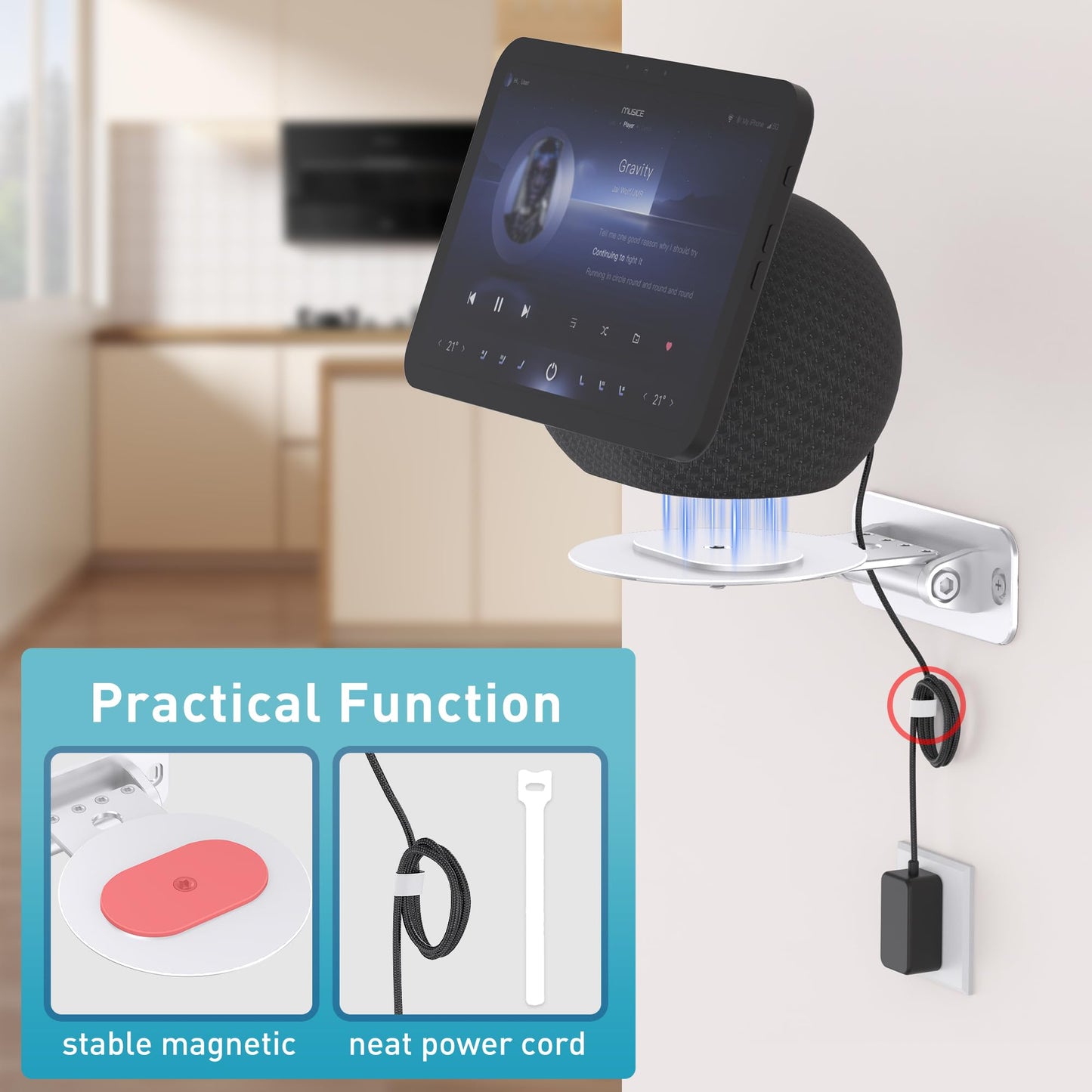Letlar Adjustable Wall Mount for Echo Show 11 and Echo Show 8 2025, Save Space Bracket, Easy Installation Mounting, Kitchen Use Mount, Aluminum Wall