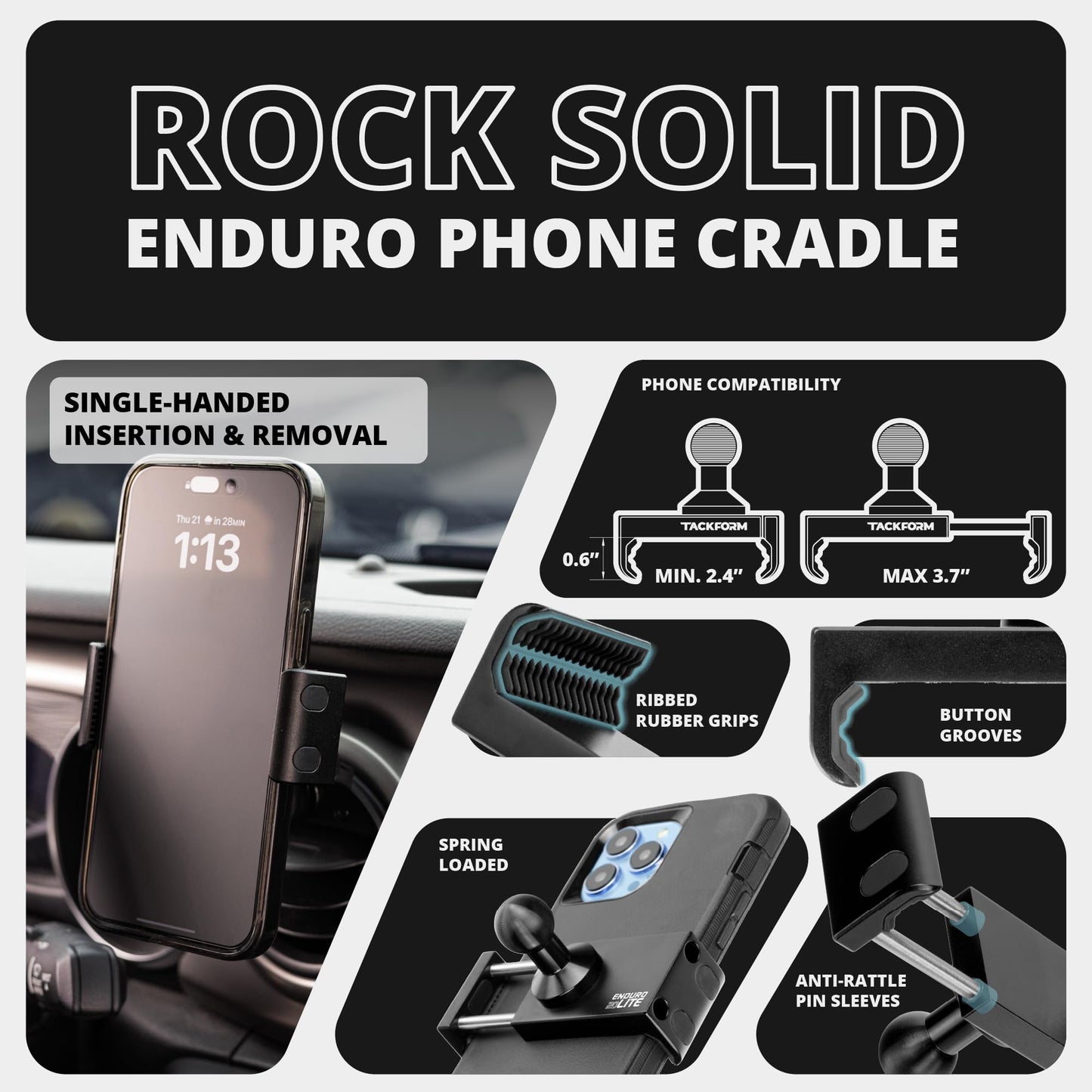 Tackform Vent Phone Mount Compatible with 2018 - 2023 Jeep JL, Gladiator, and 4XE | CNC Billet Aluminum | Zero Slip, Anti-Scratch | Universal Holder