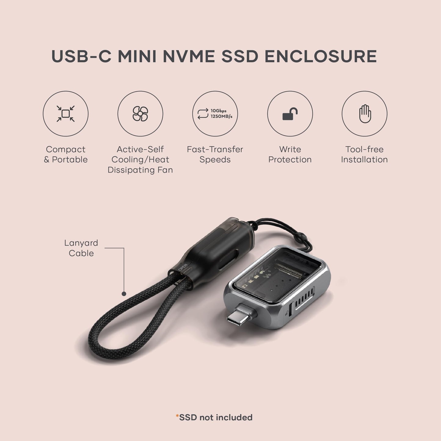 Satechi M.2 NVMe Mini SSD Enclosure with 10Gbps Transfer Speed, Up to 2TB SSD Storage, Active Auto Cooling, Compact and Portable USB C Case, Supports