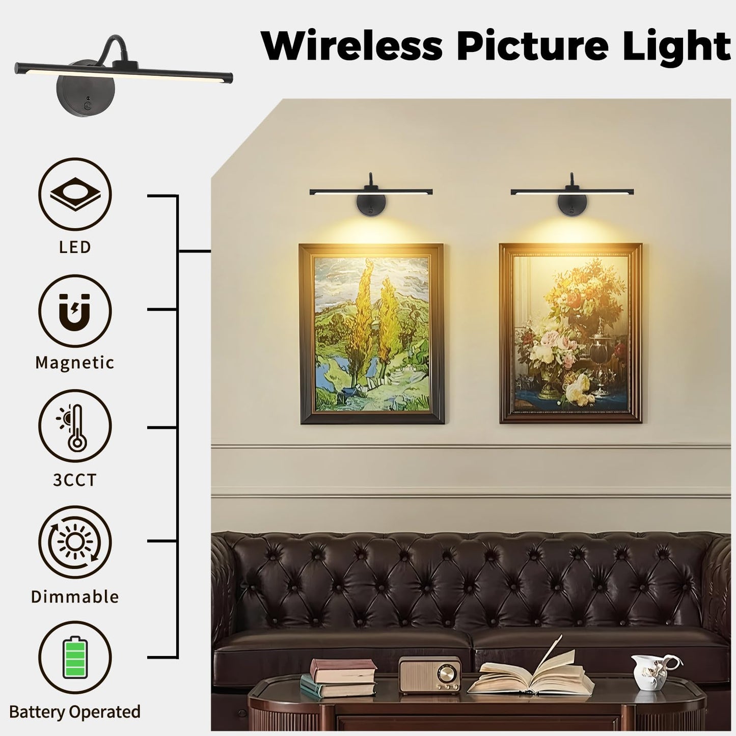 7Degobii Wireless Picture Light 13.5 inch for Gallery Walls 2 Set- Easy-Install, Battery-Powered Frame Light for Paintings, Portraits, and Home Decor