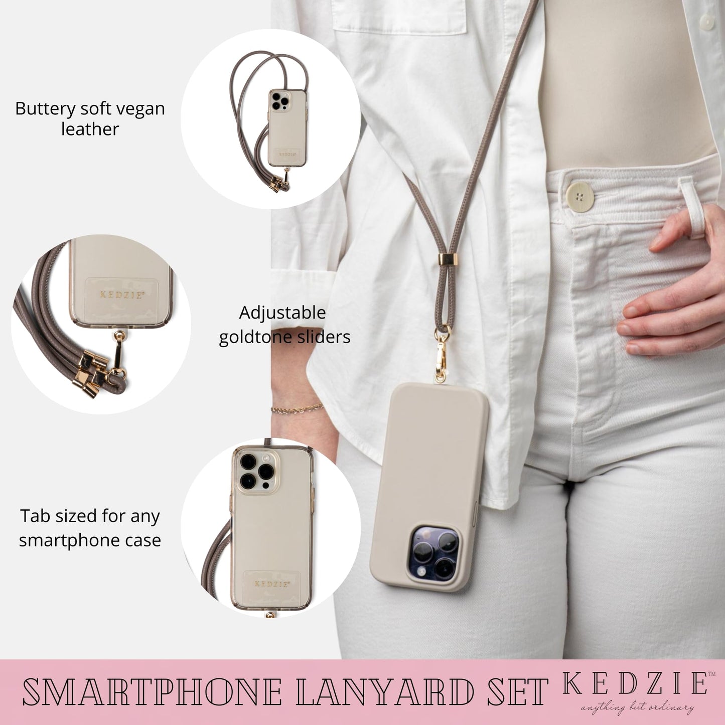 KEDZIE Smartphone Lanyard Set Vegan Leather Universal Phone Lanyard Adjustable Sliders Compatible with Most Smartphones - Gray