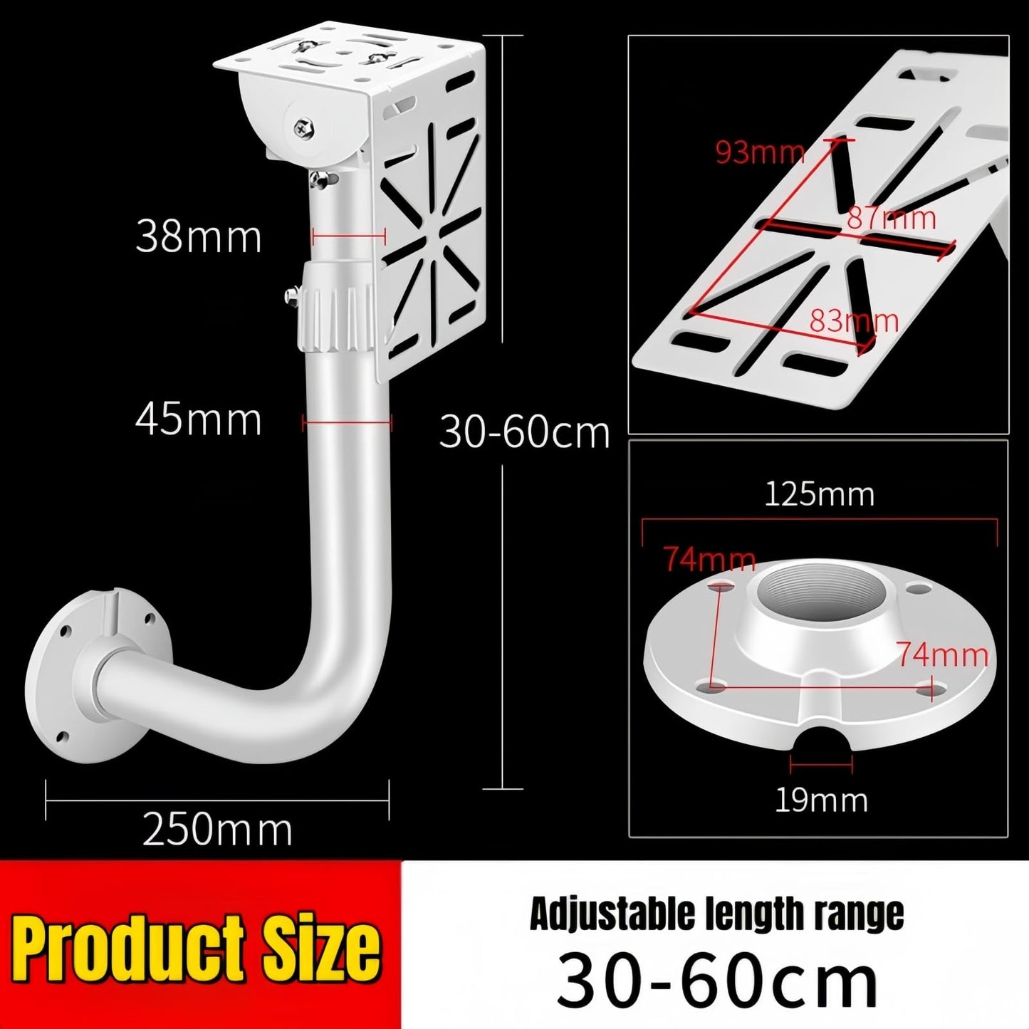 Adjustable Aluminum L-Shaped Security Camera Wall Mount - 38/45mm Tube, 30-60cm Length, Heavy-Duty Indoor/Outdoor Bracket for Dome/IP/PTZ Cameras