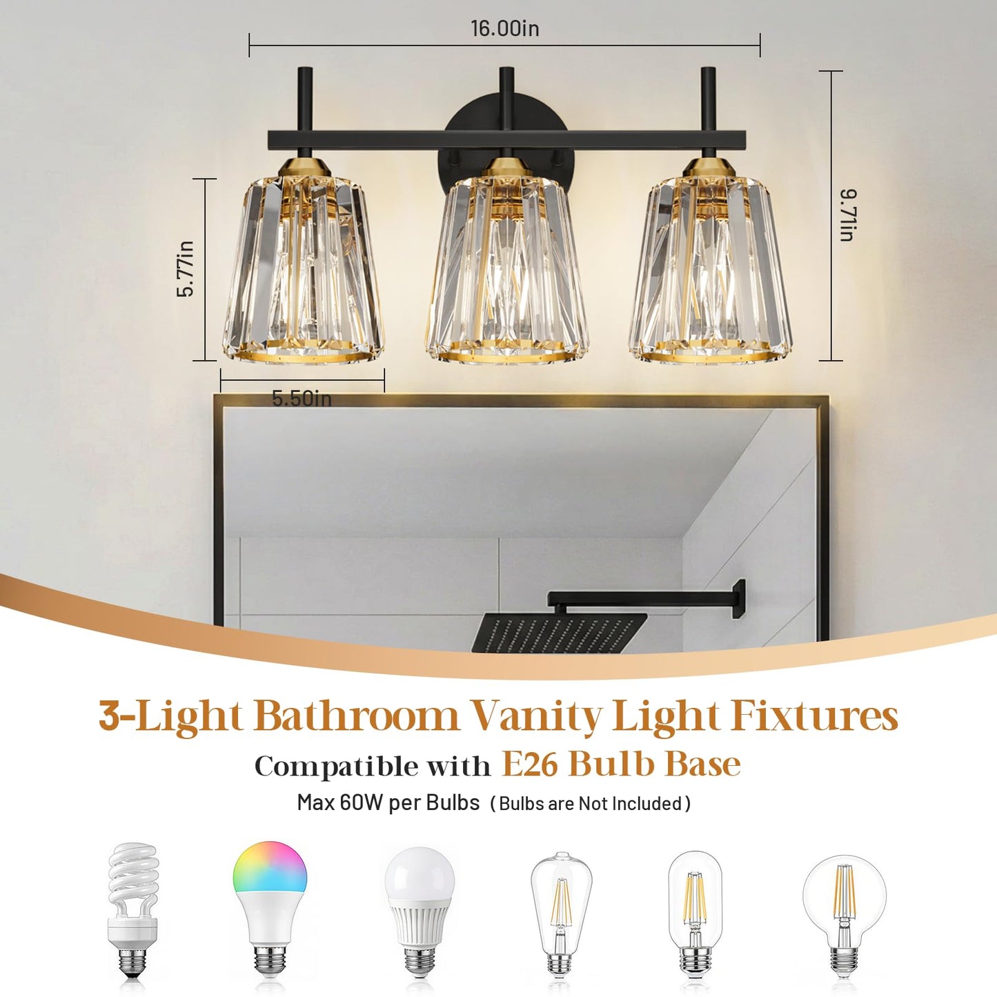 KernLite Crystal Bathroom Light Fixtures Over Mirror, Black Gold 3-Light Bathroom Vanity Lights Over Mirror Modern Wall Lighting Sconces with Ceramic