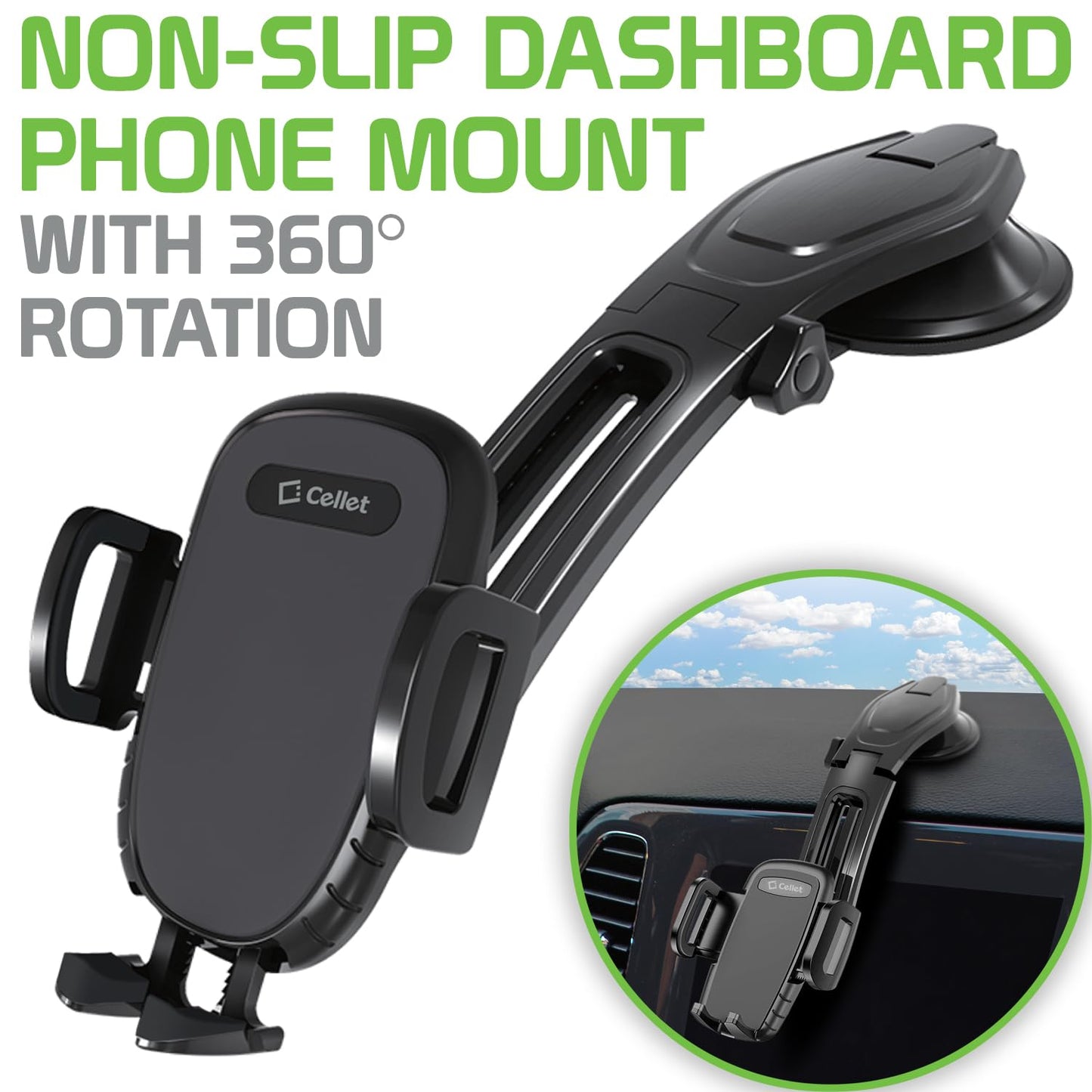 Car Dashboard Phone Holder, Cell Phone Mount with Strong Suction Cup Universal Cradle Compatible with Apple iPhones, Samsung Galaxy Google Pixel