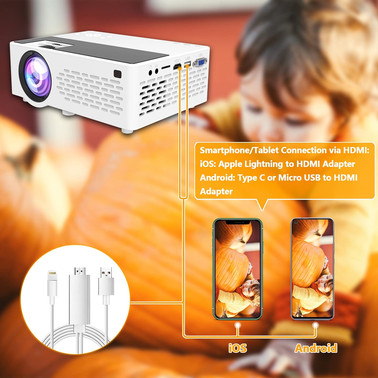 Aokang Projector, Mini Projector 1080P Full HD Supported, Portable Outdoor Movie Projector Compatible with Smartphone,TV Stick, PS4 & X-Box, PC
