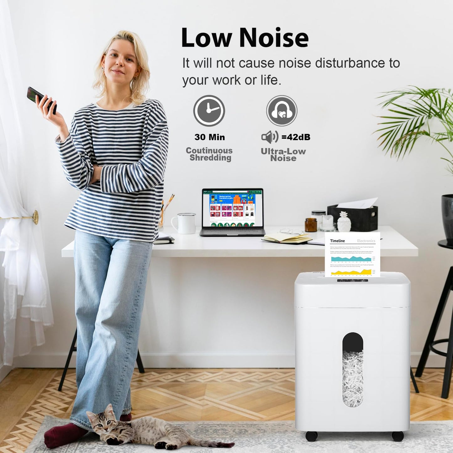 Low Noise 42dB Paper Shredder for Home, 15-Sheet Cross Cut, 30-min Runtime, CD/Credit Card Office Shredder, 6.6 Gallons Wastebasket, P-4 High