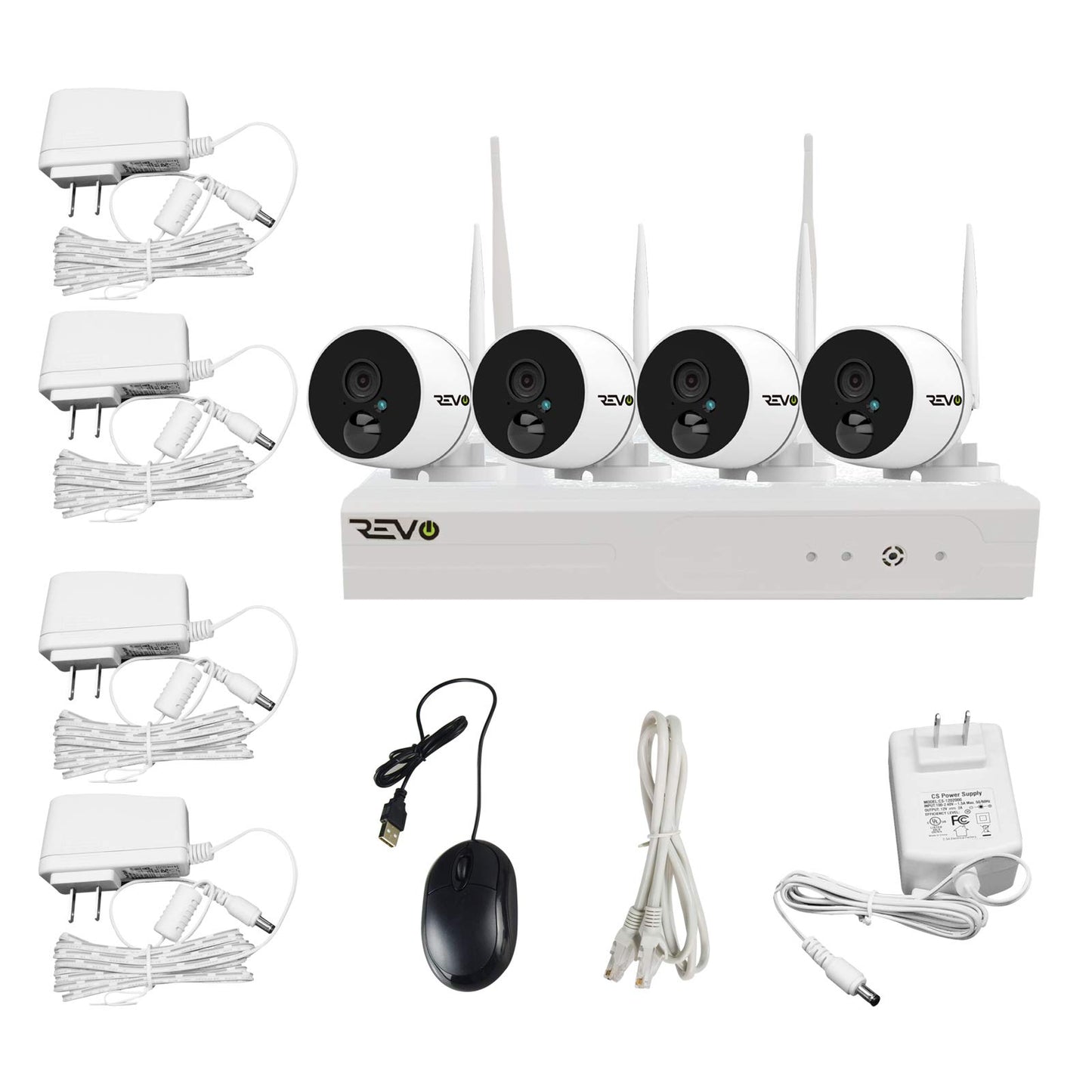 REVO America Wireless 4CH. Security System - 1TB Full-HD Wi-Fi NVR, 4 x 1080P Audio Capable Indoor/Outdoor Bullet Cameras with Built-in Pir - Remote