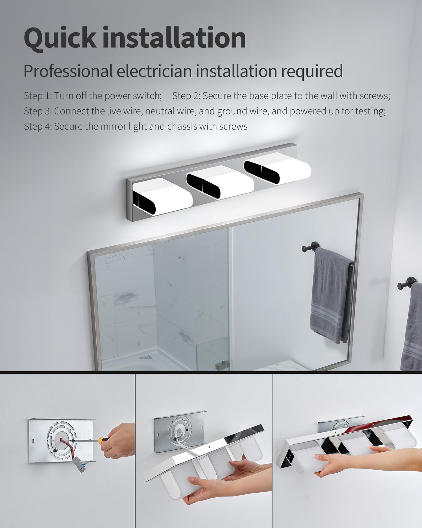 KDG LED Modern Bathroom Vanity Light Fixtures, 3 Lights Stainless Steels Silver 5000K Wall Lighting Over Mirror, Lights for Dressing Room, Bedroom