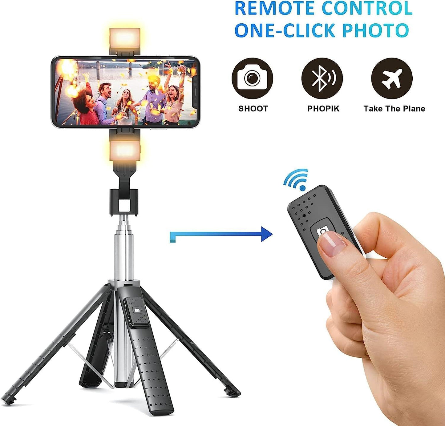 41” Selfie Stick Tripod Quadrapod with 2 Rechargeable Fill Light, Extendable Tripod with Bluetooth Remote, Stainless Steel, 3 Light Modes, 9