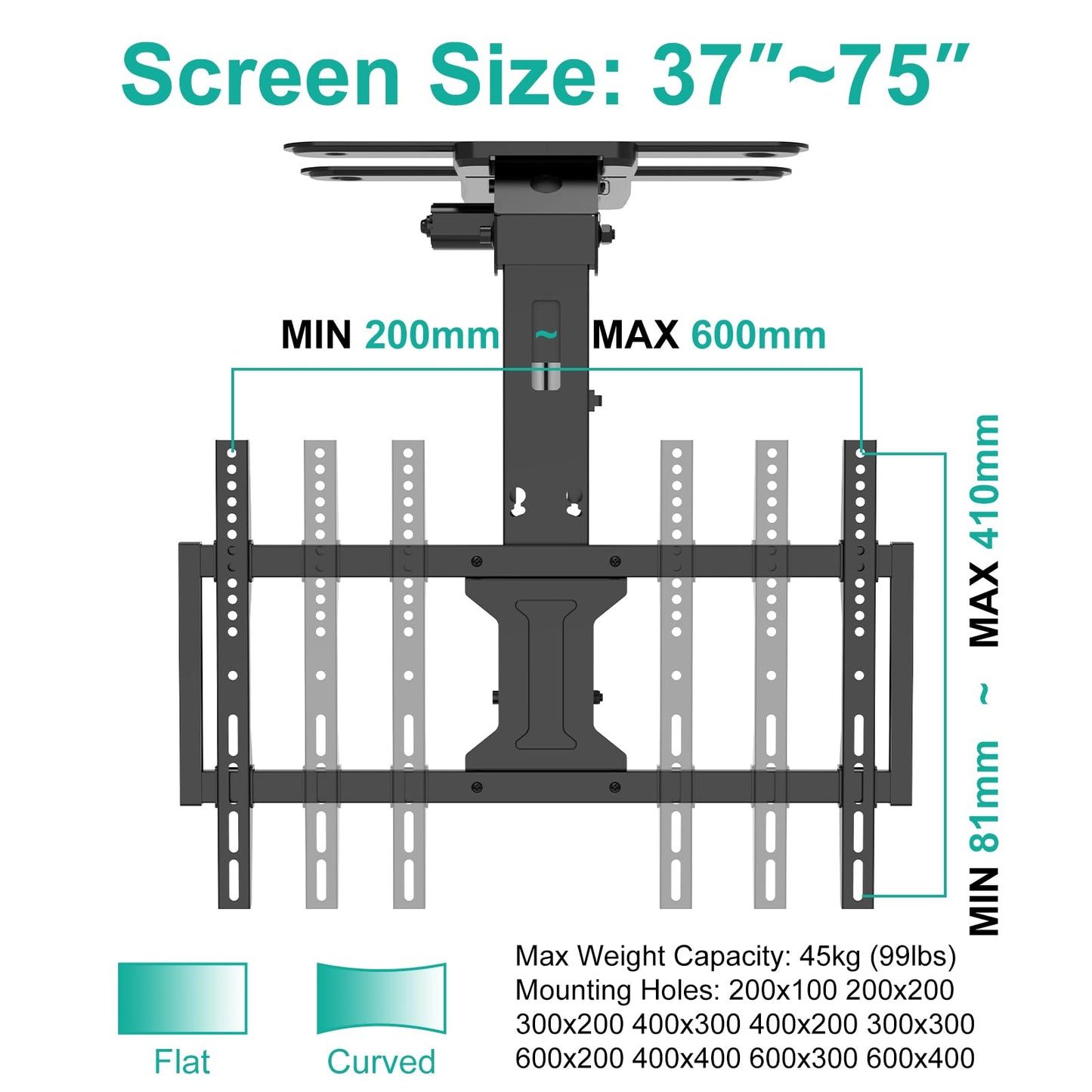 WALI Motorized Ceiling TV Mount for 37 to 75 inch Screens, Flip Down Motorized TV Mount with Remote, Flat and Curved TVs Up to 99 Lbs, Pitched Roof