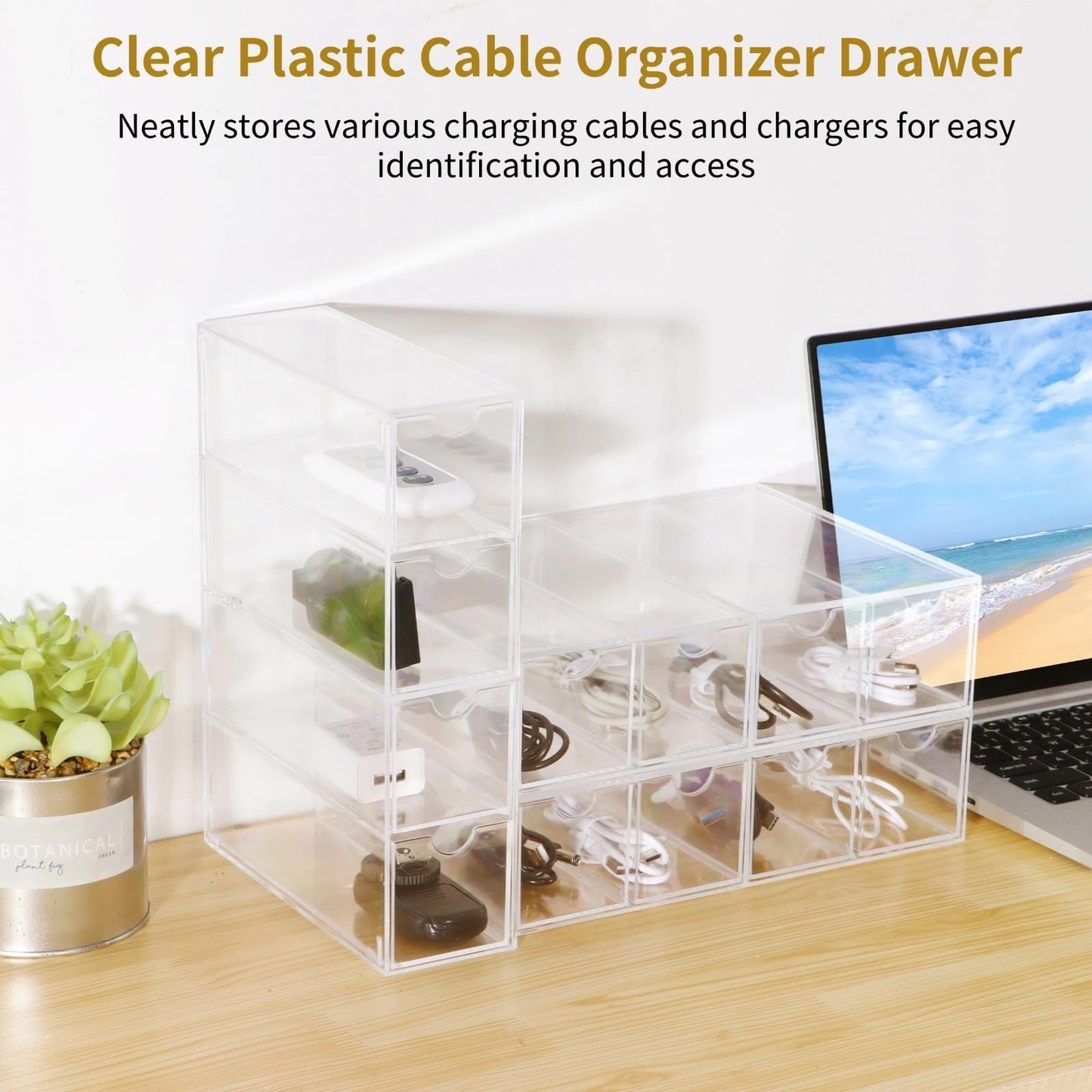3 Pack 4-tier Clear Plastic Cable Organizer Drawer, Acrylic Sunglasses Organizers, Cable Management Box, Power Cord Storage Boxes with 30 Elastic