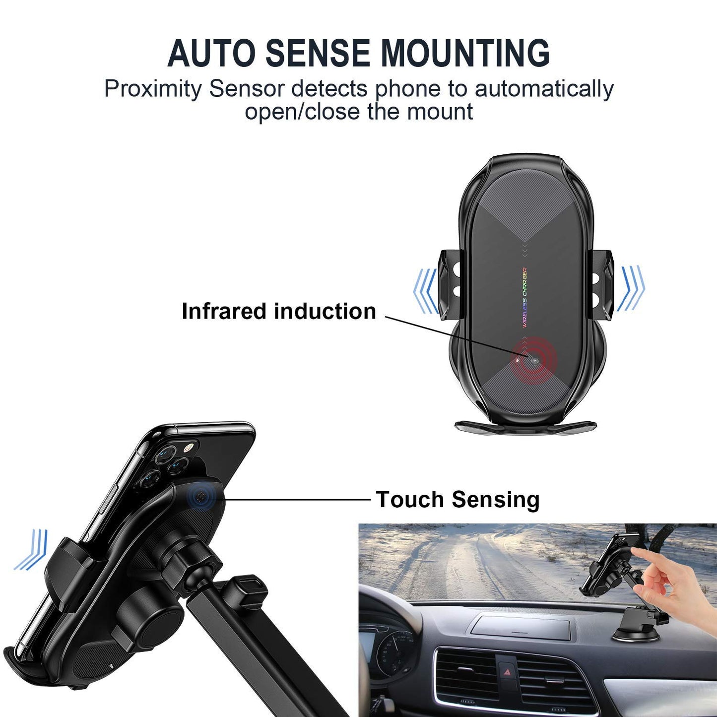 YITUMU Wireless Car Charger,15W Qi Fast Charging Auto-Clamping Air Vent Windshield Dashboard Car Phone Mount,Long Arm Suction Cup Holder for iPhone