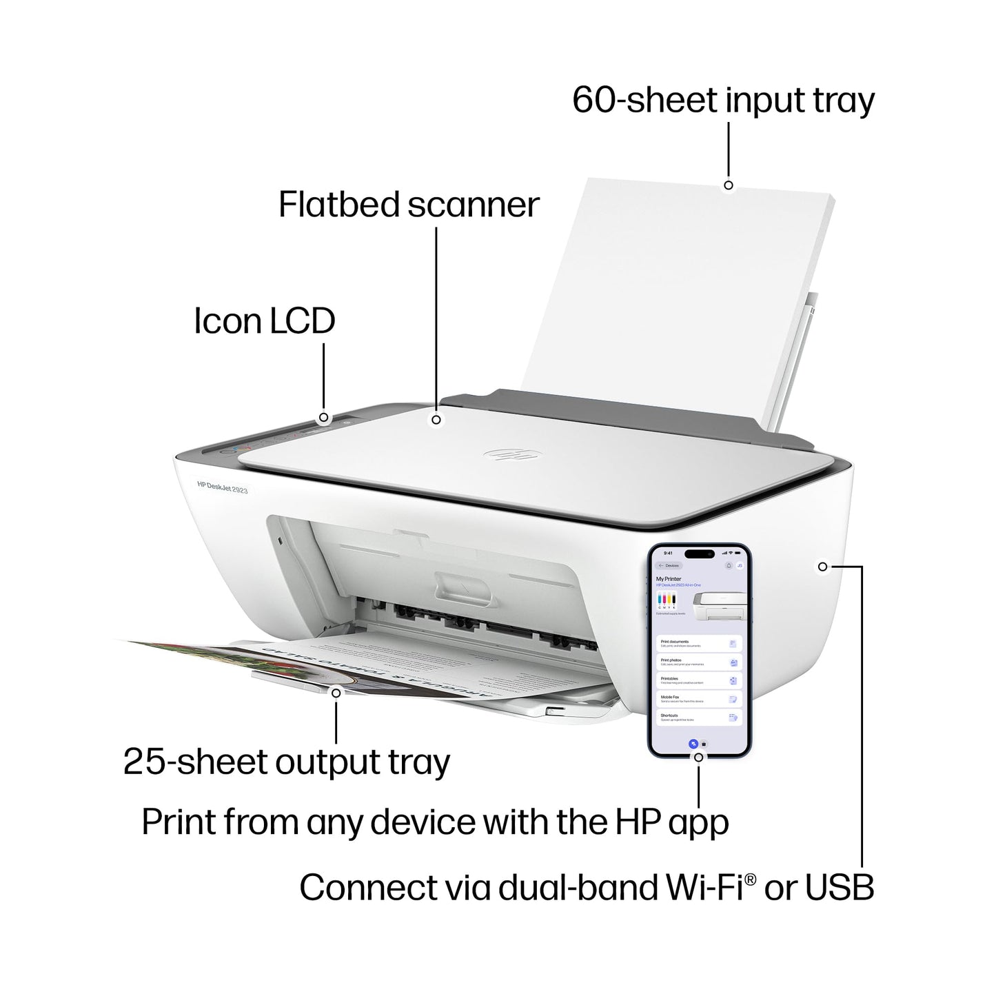 HP DeskJet 2923 Wireless All-in-One Color Inkjet Printer, Scanner, Copier, 6 Month Trial of Instant Ink Included, AI-Capable (B18JWA)