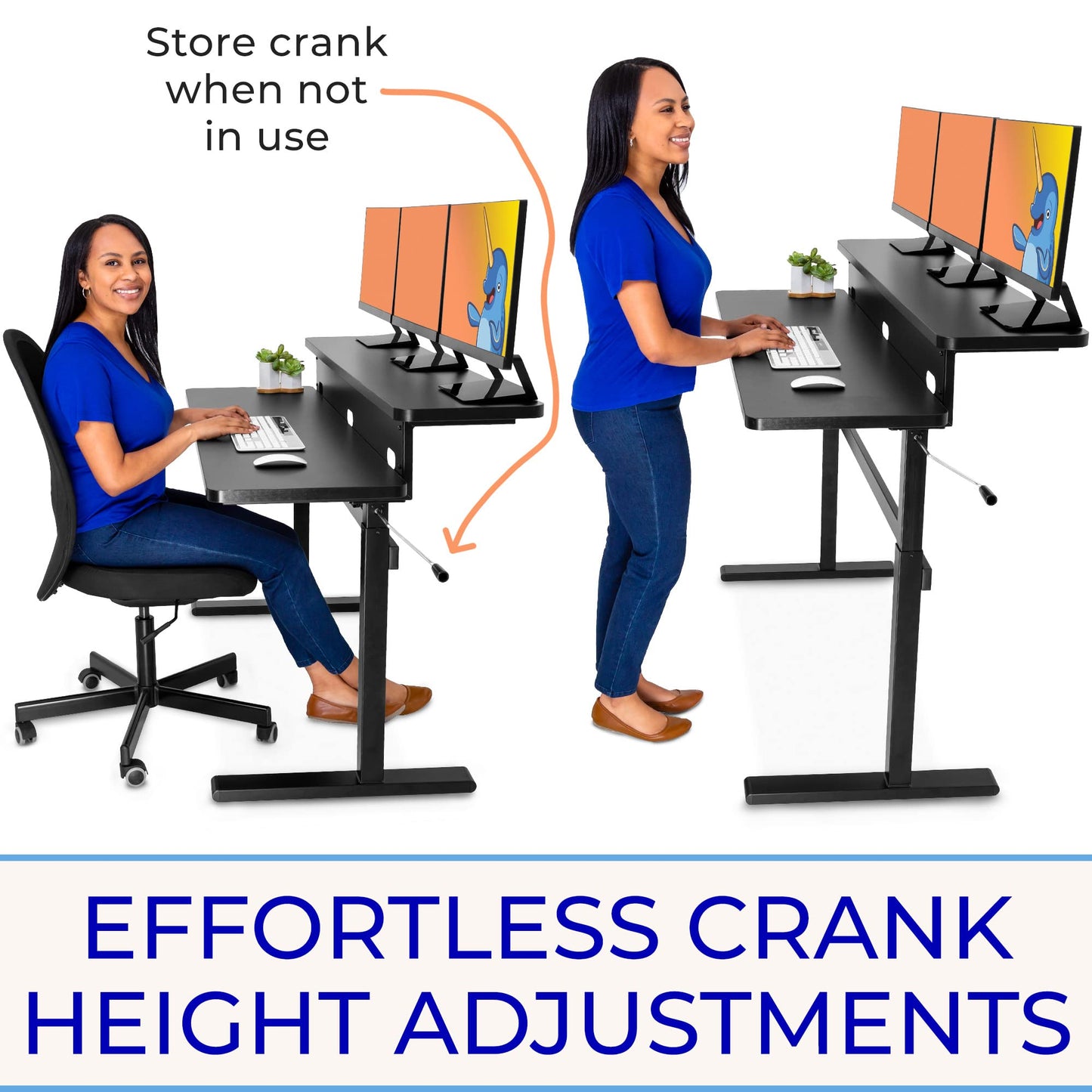 Stand Steady Tranzendesk | 55 Inch Dual Level Standing Desk with Shelf | Easy Crank Height Adjustable Sit to Stand Desk | Stand Up Workstation