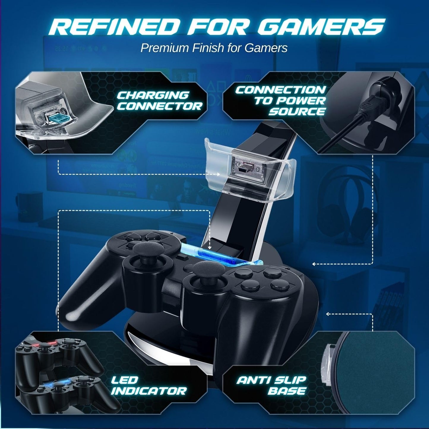 TNP Compatible with PS3 Controller Charger Stand for Sony Playstation 3 Controller compatible with Dualshock 3 Charging, 2 Tier Docking Station Stand