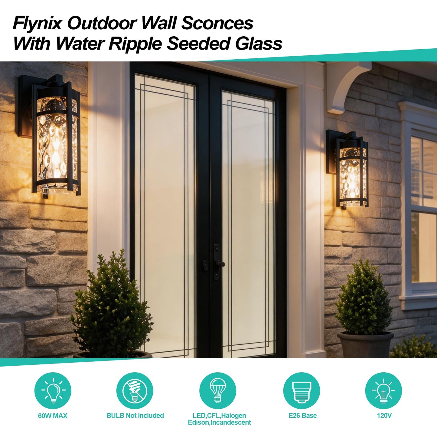 Flynix Outdoor Wall Light Fixtures, Waterproof Front Porch Light, Modern Exterior Lighting with E26 Socket, Wall Sconce Lantern Lamp, Black Outside