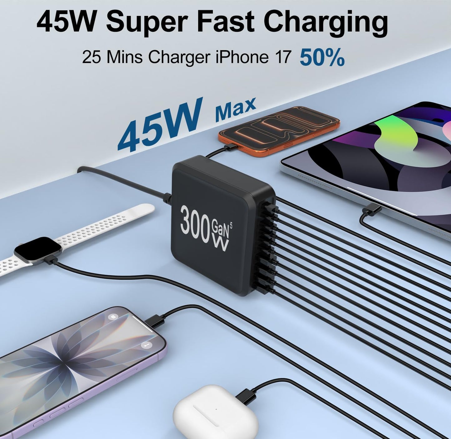 USB Charger Station,10 Port USB C Charger Block with 6FT/10FT Cables,300W GaN Type C Charging Hub iPhone Charger Fast Charging for iPhone 17 16 15 Pro