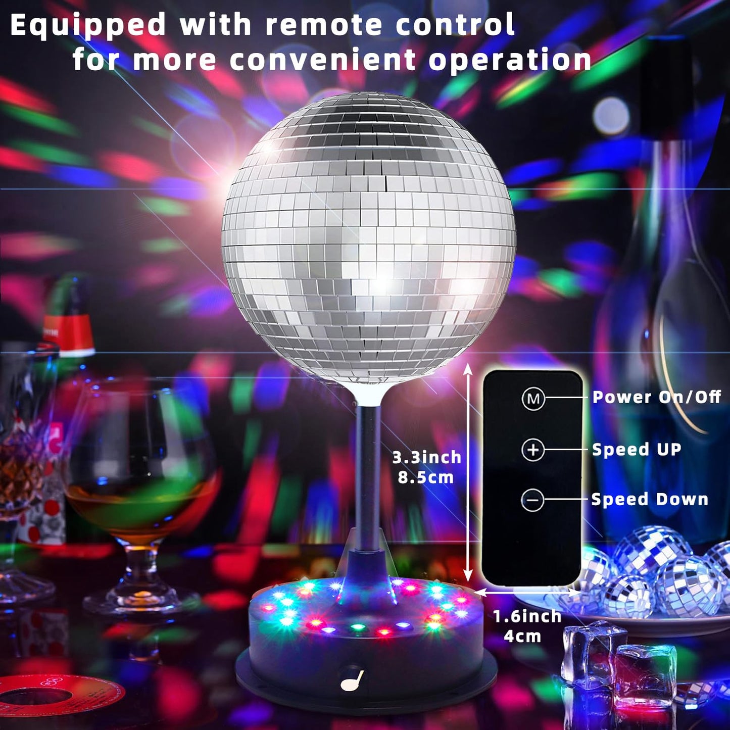 Remote Control 6 Inch Rotating Mirrors Disco Ball Light with 5RPM-9RPM Adjustable Rotary Motor 24 RGB LED Mood Lights Great for Home Party Dance