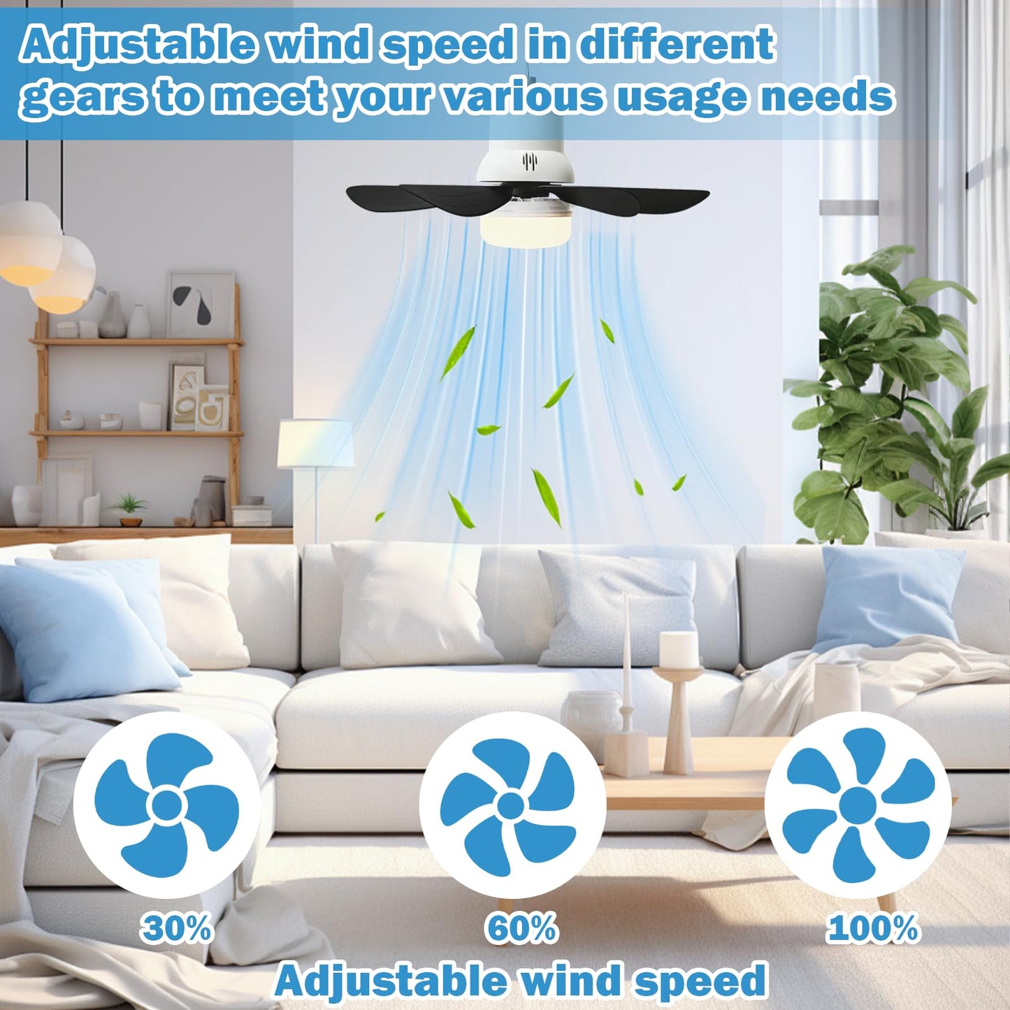 Solar Ceiling Fans with Lights Battery Built-in10000mAh Portable ,17" LED Fan Light Hanging with HookCan be timed for 2/4/8 hours, 3 Speeds