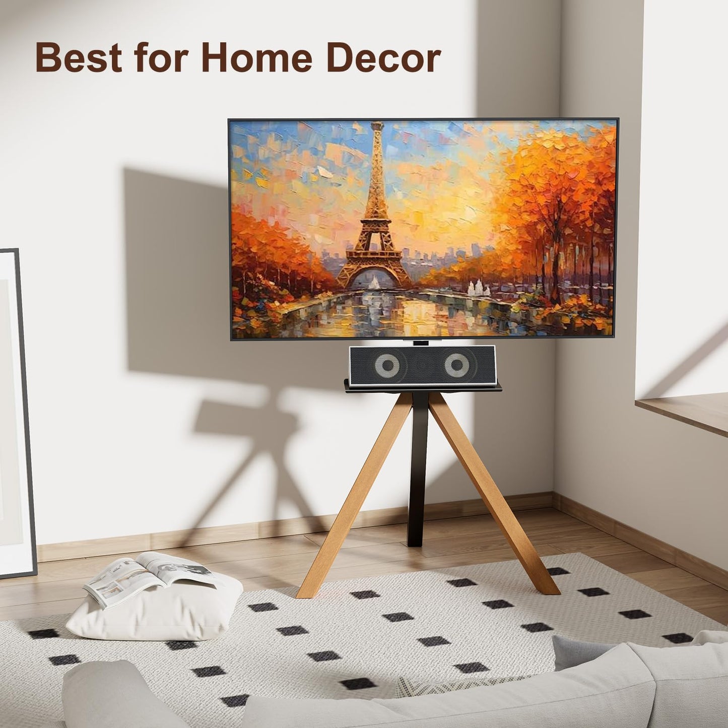 Tripod Easel TV Stand for 32 to 75 Inch LCD LED OLED Screen, Modern Floor TV Stand with Swivel Mount, Wooden Legs Minimalist Style, Portable Corner TV