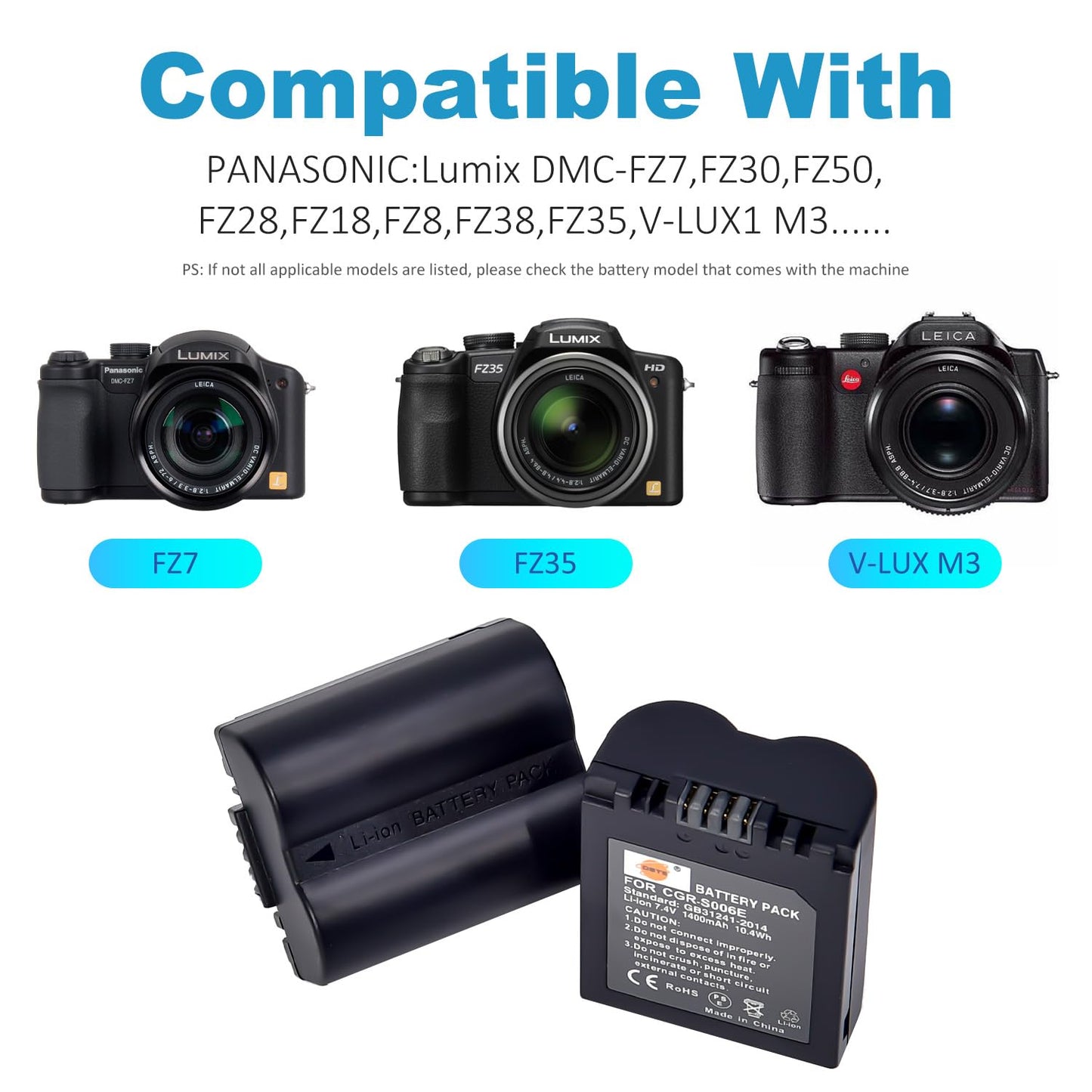 DSTE 2PCS CGR-S006E S006E Battery + DC62 Travel and Car Charger Adapter Compatible with Panasonic Lumix DMC-FZ7, DMC-FZ8, DMC-FZ18, DMC-FZ28