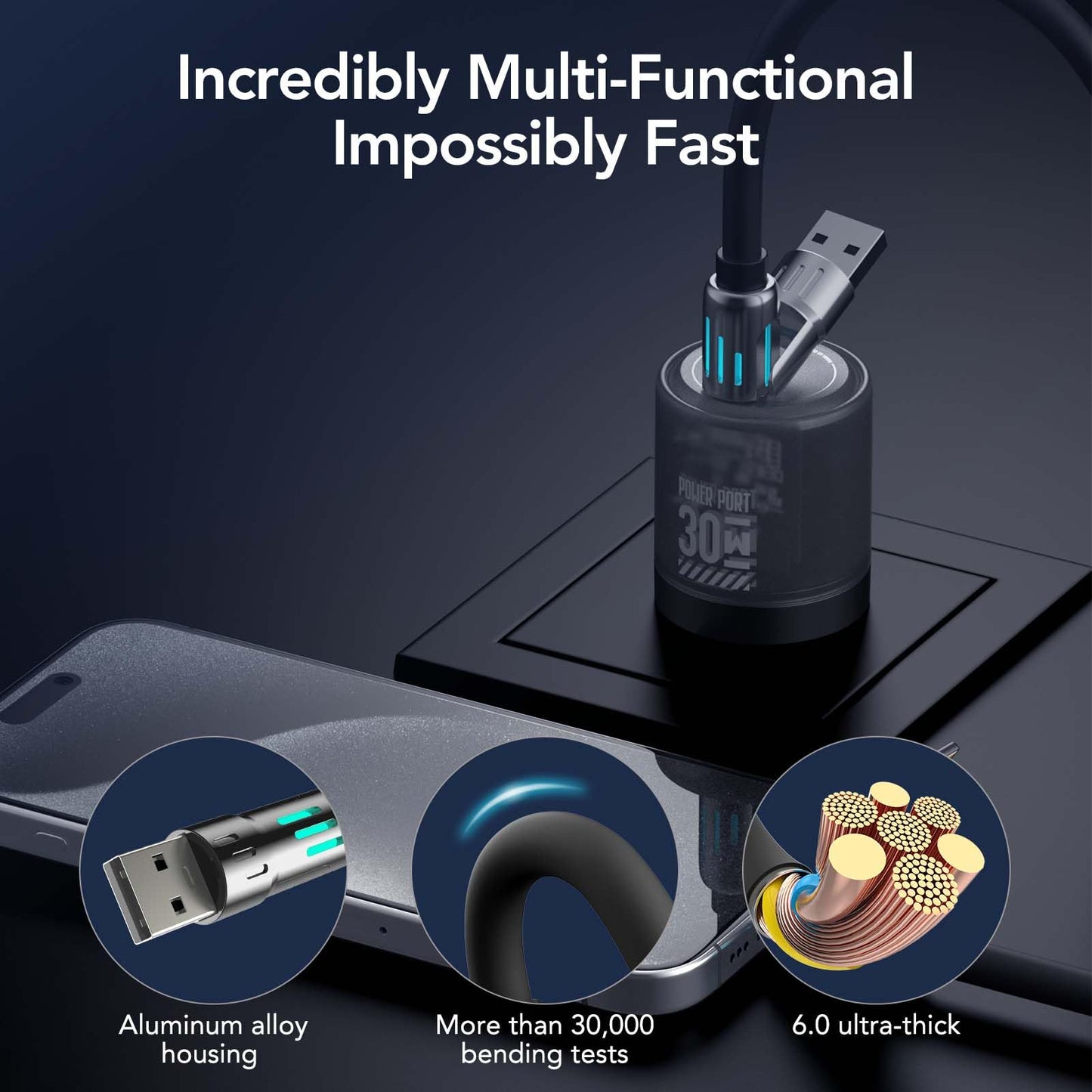 MFish 4-in-1 USB Charging Cable with Carrying Case, 240W Fast Charger Cord, USB-A & Dual USB-C to USB-C/Lightning, for iPhone 17/16/15/14, iPad