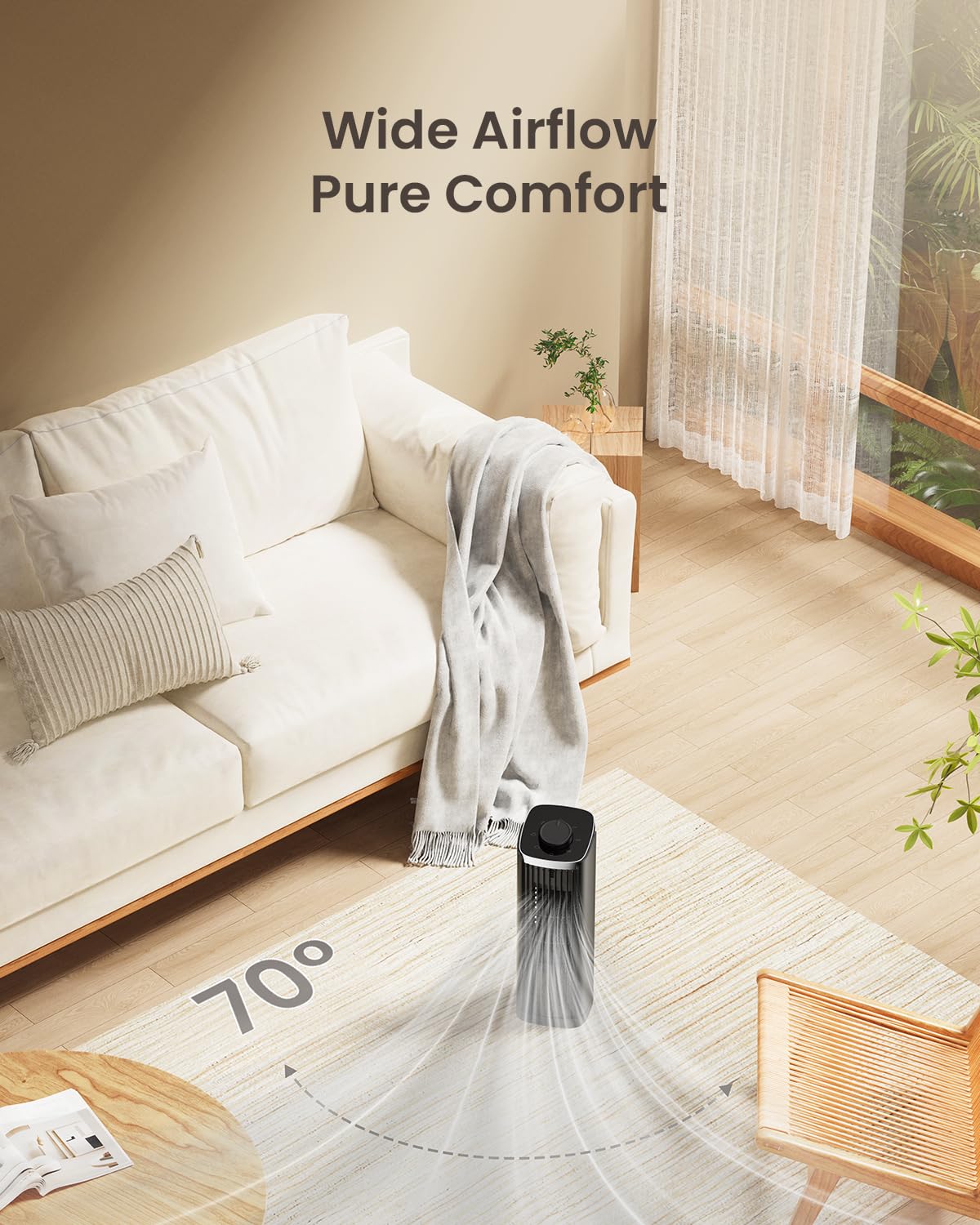 PNTCK Fan for Bedroom, 13" Tower Fan with 3 Speeds Max 23ft/s, 70° Oscillating Desk Fan, Bladeless Standing Fan, Portable Fans, Cooling Fans