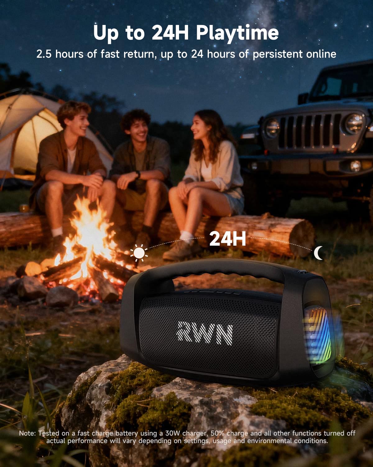 RWN Outdoor Bluetooth Speaker: 160W Loud Sound, IP67 Waterproof with 24H Playtime, Fast Charge, Bass, TWS, Portable Wireless Speakers with Light Show