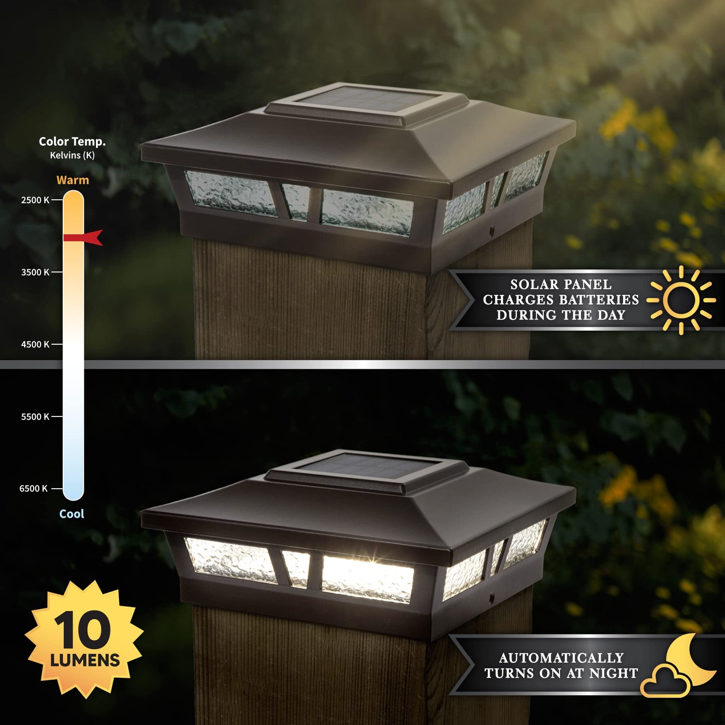 Classy Caps SLX772C 6x6 Brown Aluminum Oxford Solar Post Cap - High-Performance Solar Lighting, 2 LEDs, Durable Cast Aluminum, Decorative Glass Lens